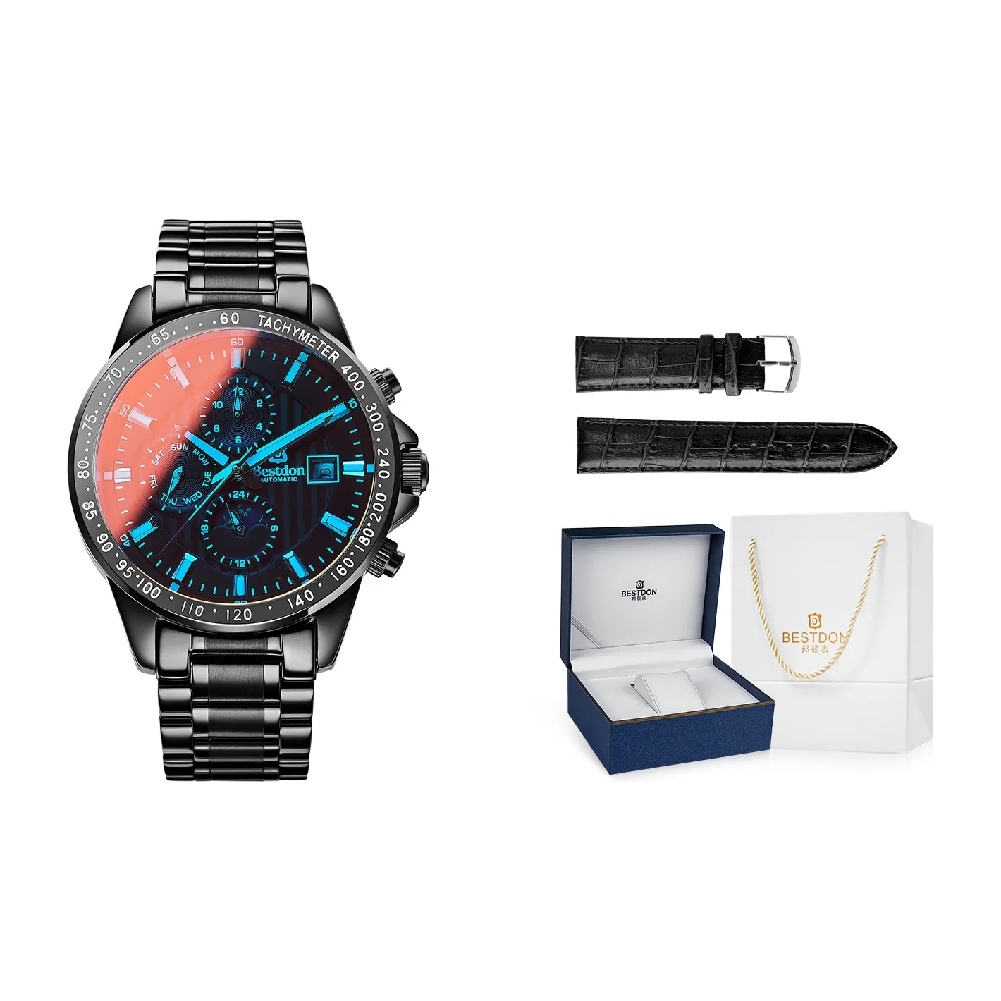 Bestdon Автоматический Механический Механизм Нержавеющая Сталь Ремешок Часы Мужские Черный Циферблат