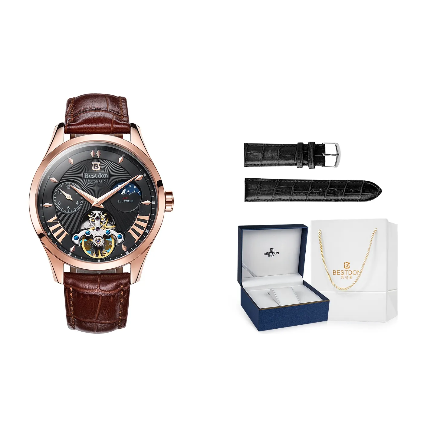 Bestdon Автоматический Механический Механизм Натуральная Кожа Ремешок Мужские Часы Черный Циферблат