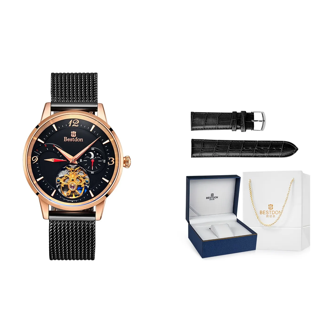 Bestdon Автоматический Механический Механизм Нержавеющая Сталь Ремешок Часы Мужские Черный Циферблат