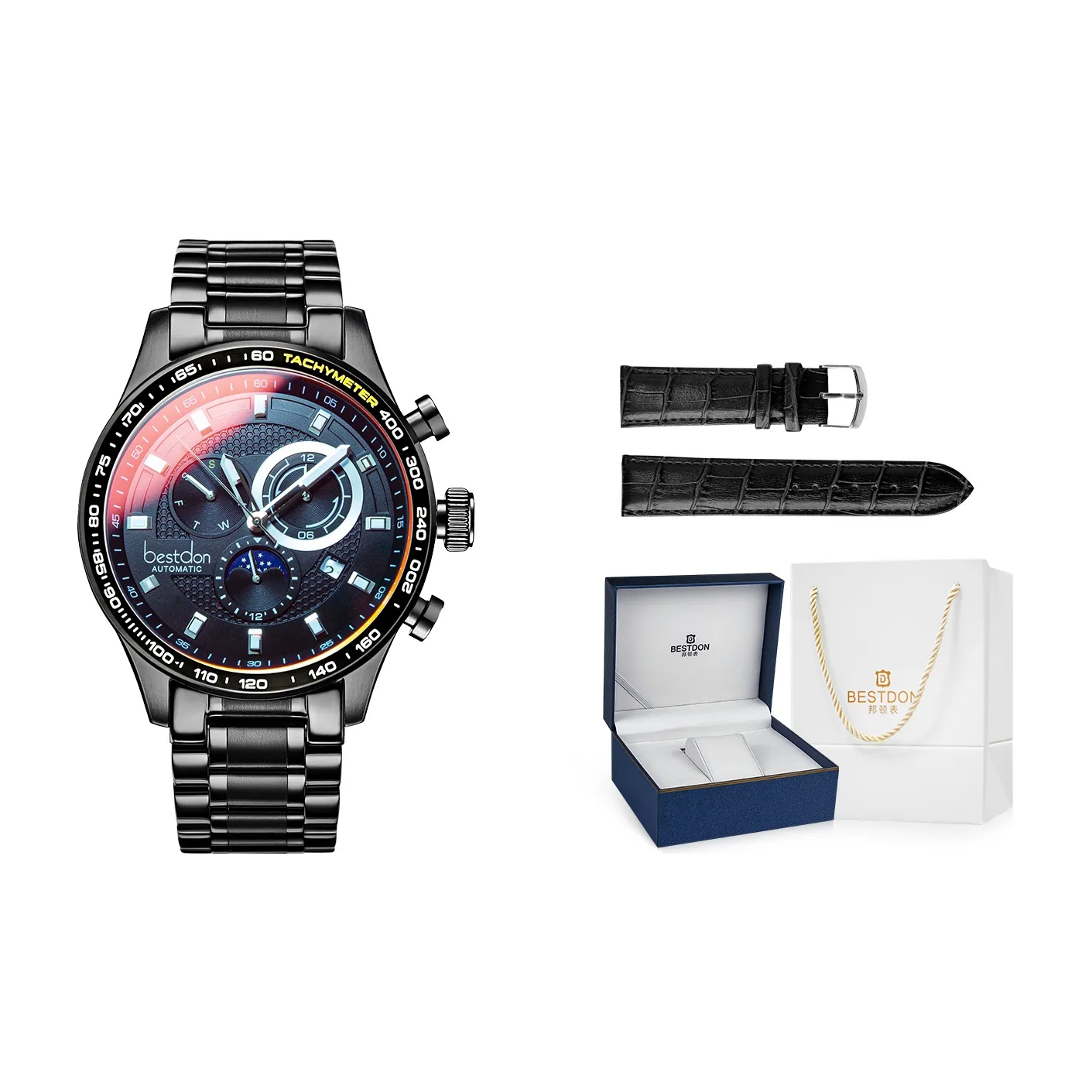 Bestdon Automatic Mechanical Movement Stainless Steel Watchband Men's Watches Black Dial