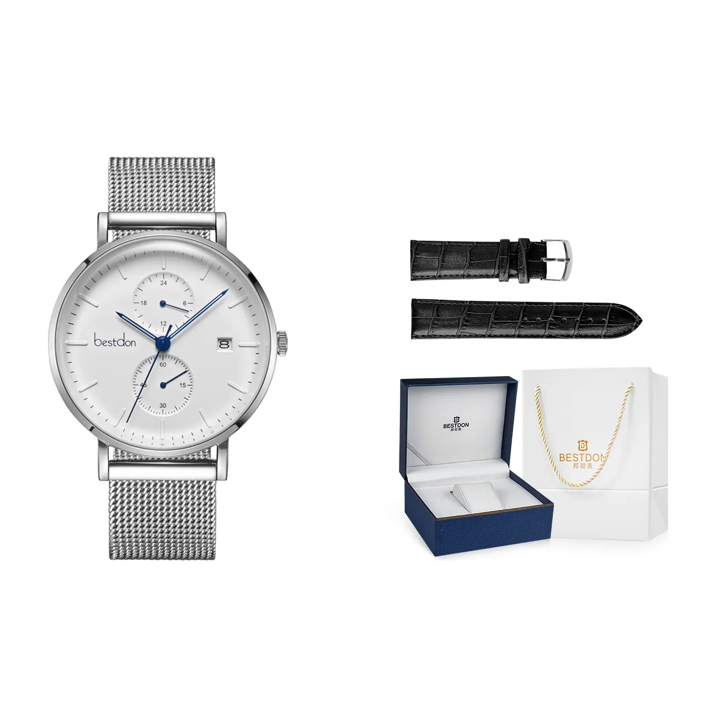 Bestdon Кварцевый механизм ремешок из нержавеющей стали мужские часы белый циферблат