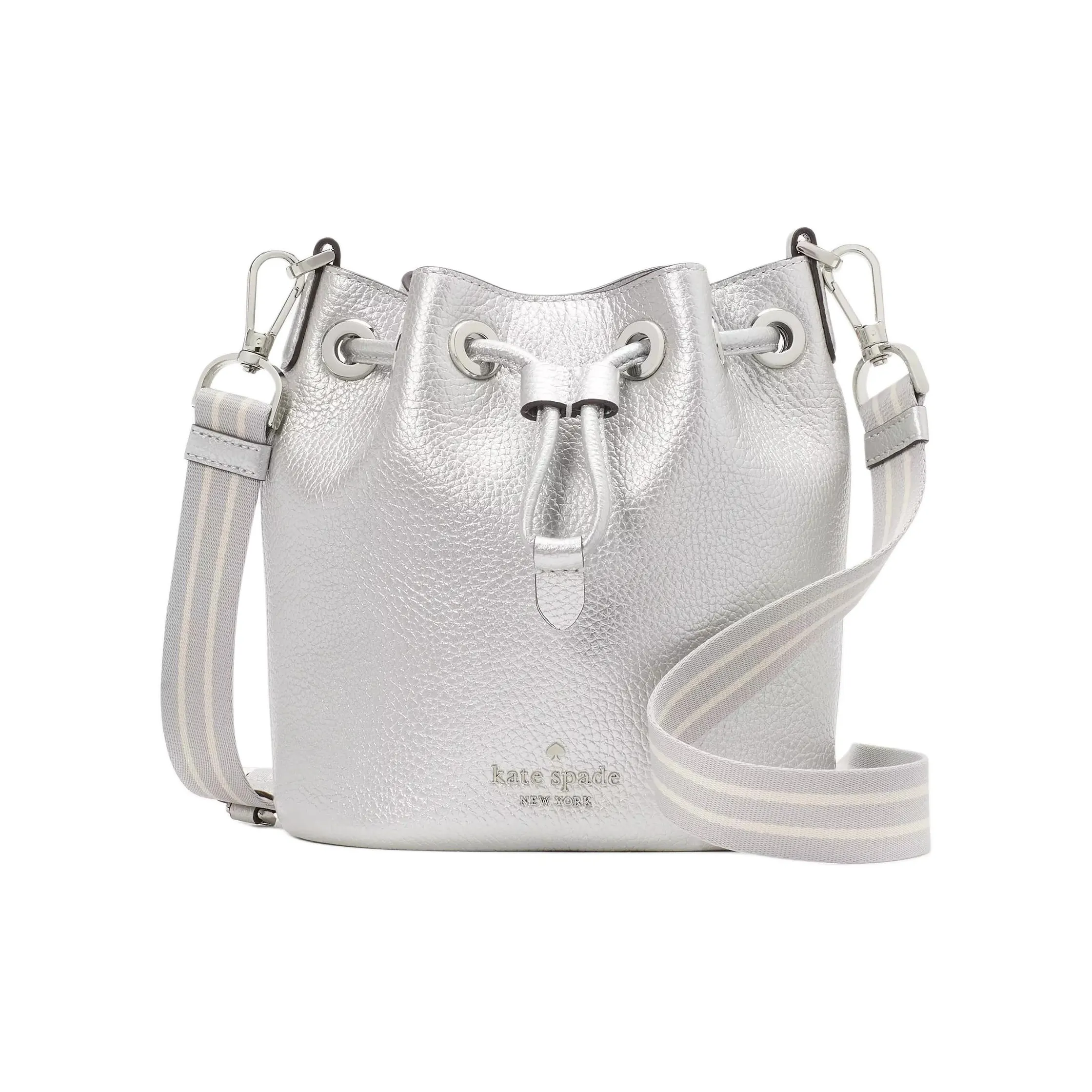 Kate Spade Metal Leather Bucket Bag, Shoulder Bag, Crossbody Bag Trumpets Women's Decoration Silver