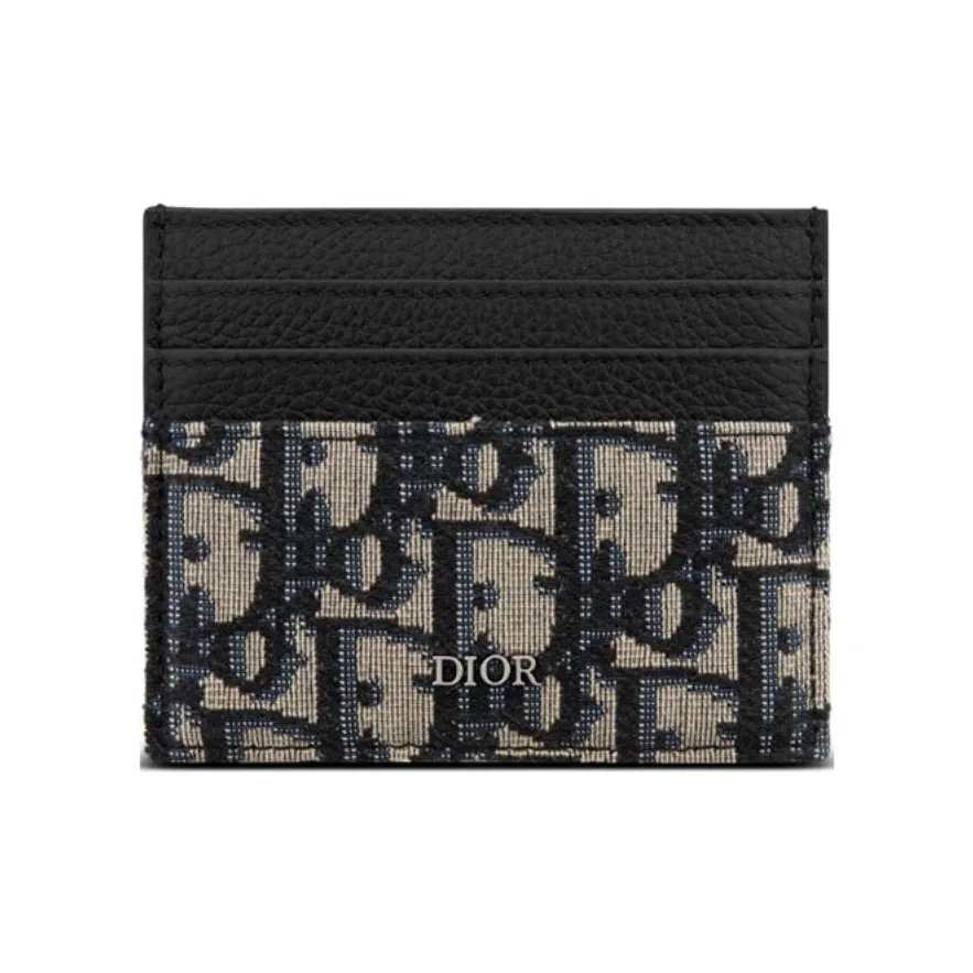 DIOR Embroidery Jacquard With Calfskin Card Holder Card Holder Men's Beige And Black