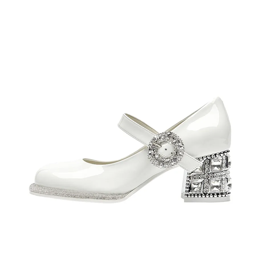 SHOESZOOO Французский Элегантность Преппи стиль Одна кнопка Грубый каблук Туфли Мэри Джейн 6 см Женские Белые