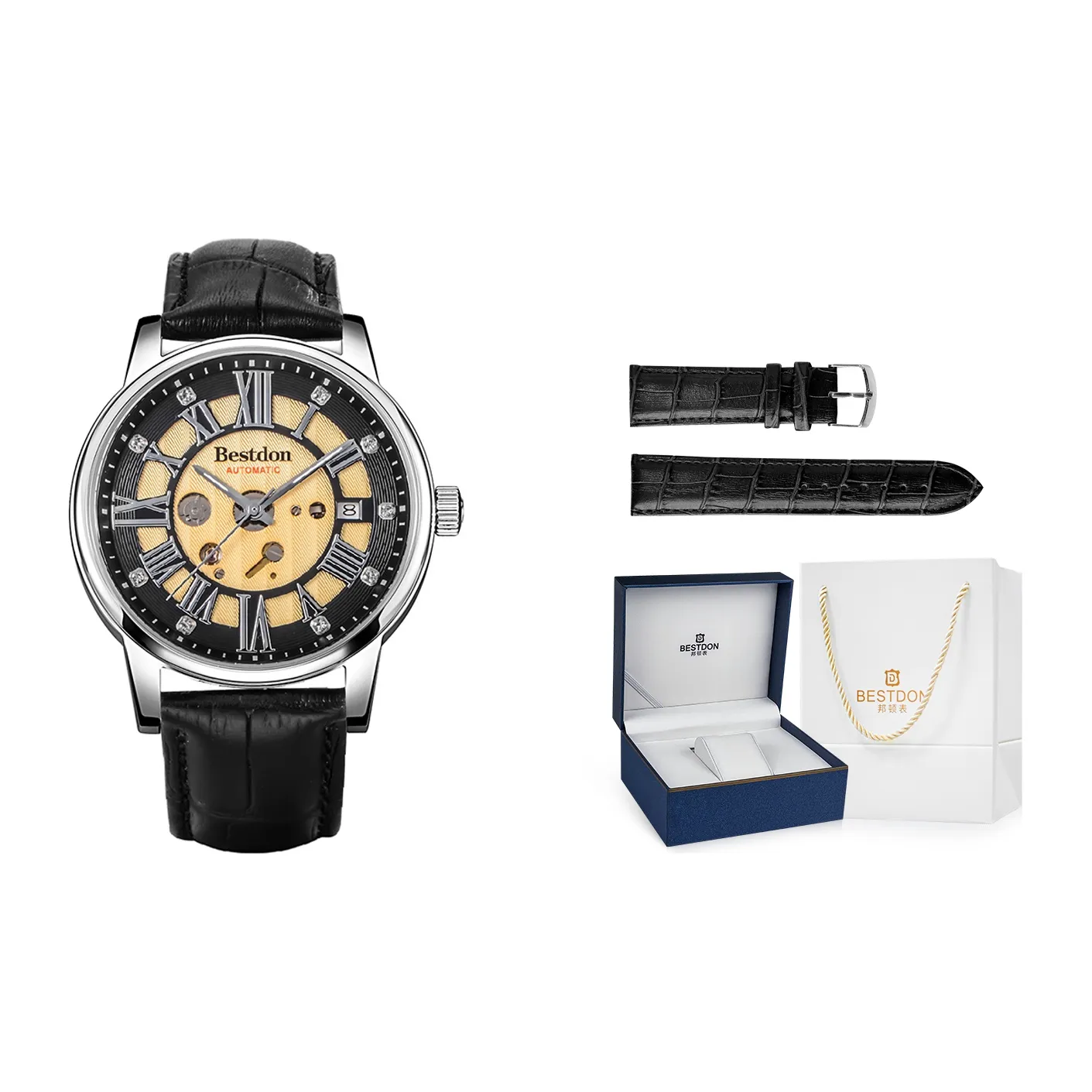 Bestdon Автоматический Механический Механизм Коровья Кожа Ремешок Часы Мужские Золотистый Циферблат