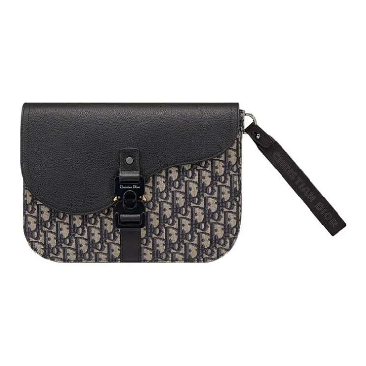 DIOR Oblique Print With Grain Cow Leather Clutch Unisex Black/Beige