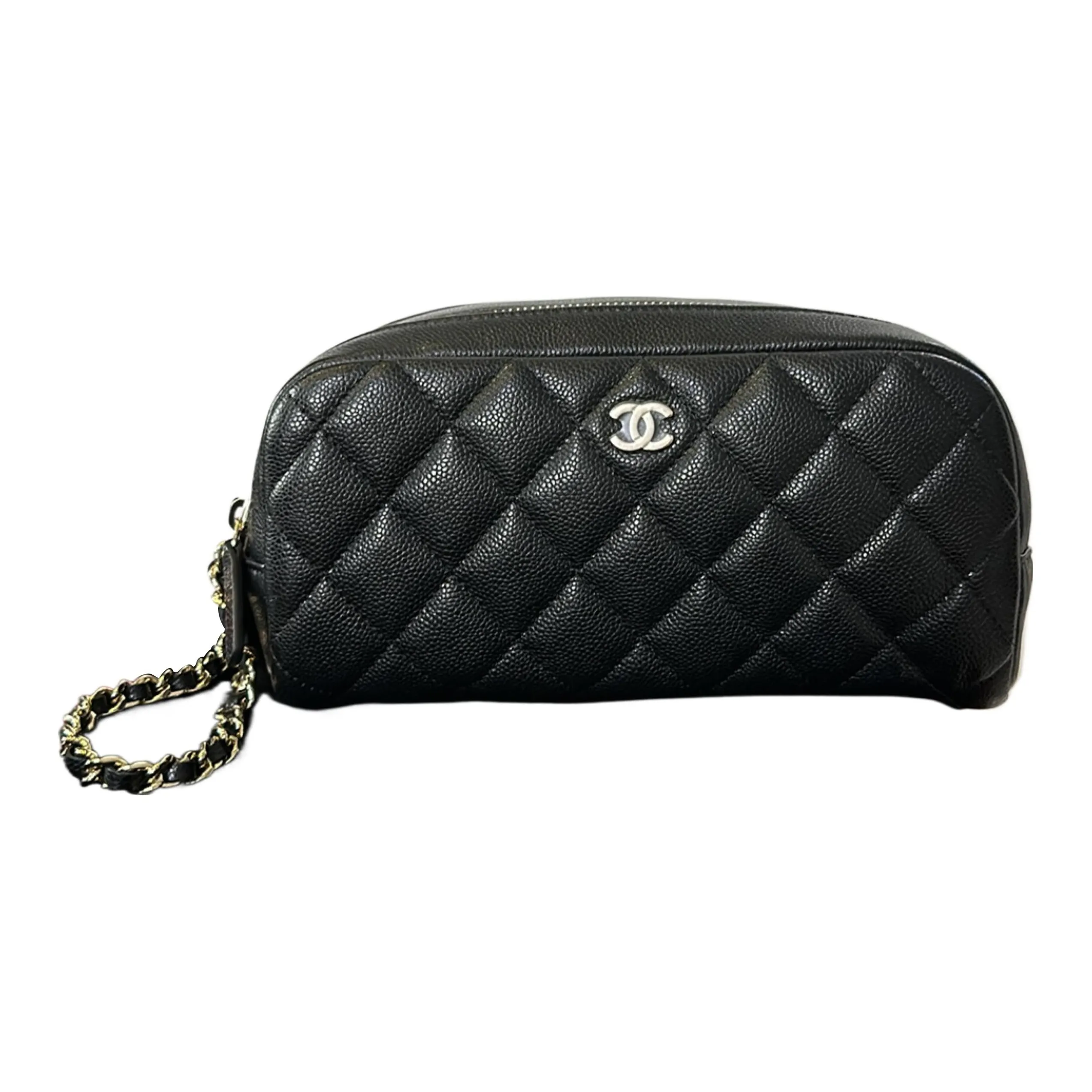 CHANEL Litchi Grain Embossed Cow Leather Makeup Bag, Toiletry Bag Women's Black