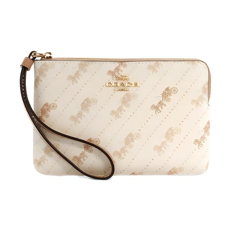 COACH Canvas With Leather Wrist Bag Coin Purse Mahjong Bag Clutch Small Size Women's Ecru