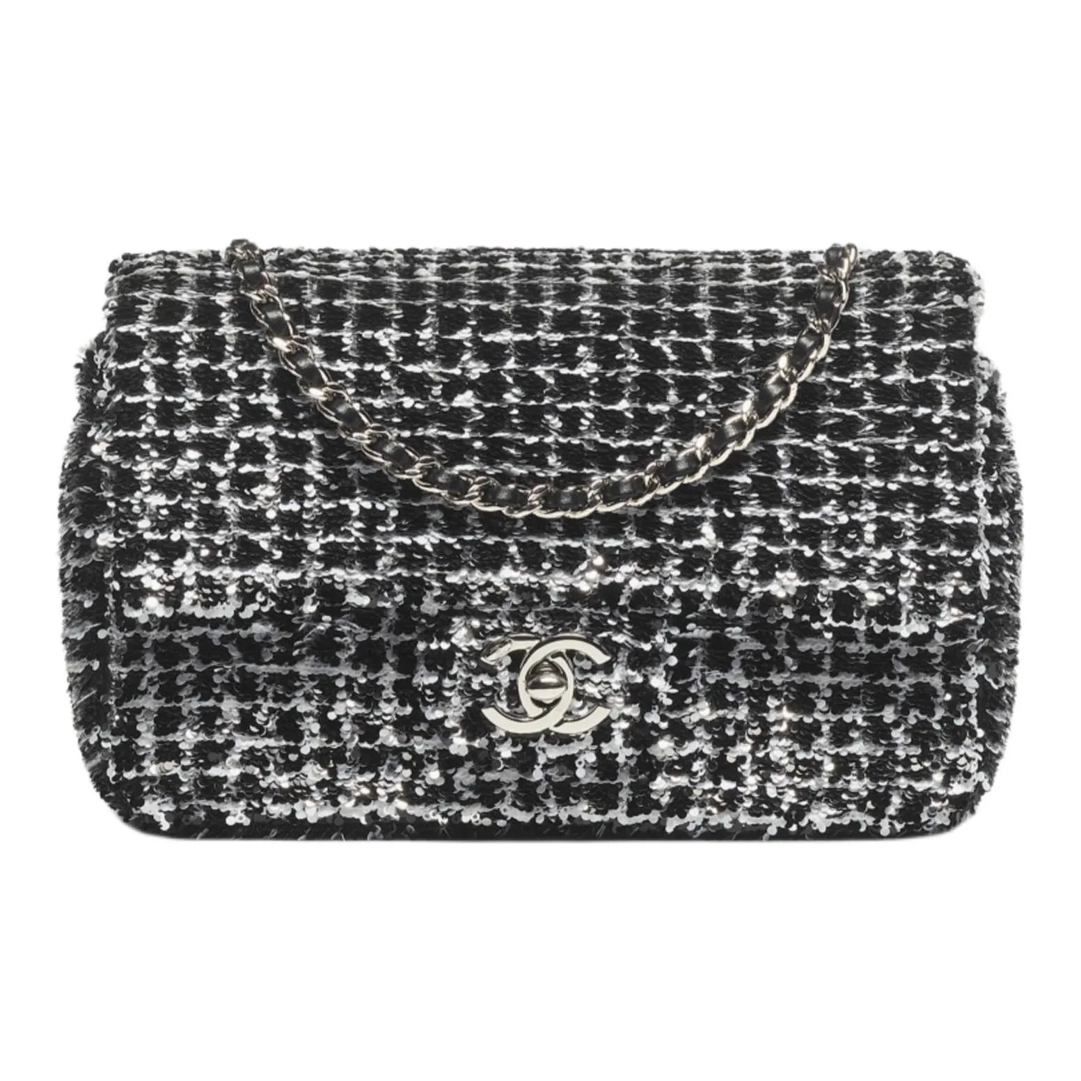 CHANEL Sequins Handbag, Shoulder Bag Trumpets Women's Black & White & Silver