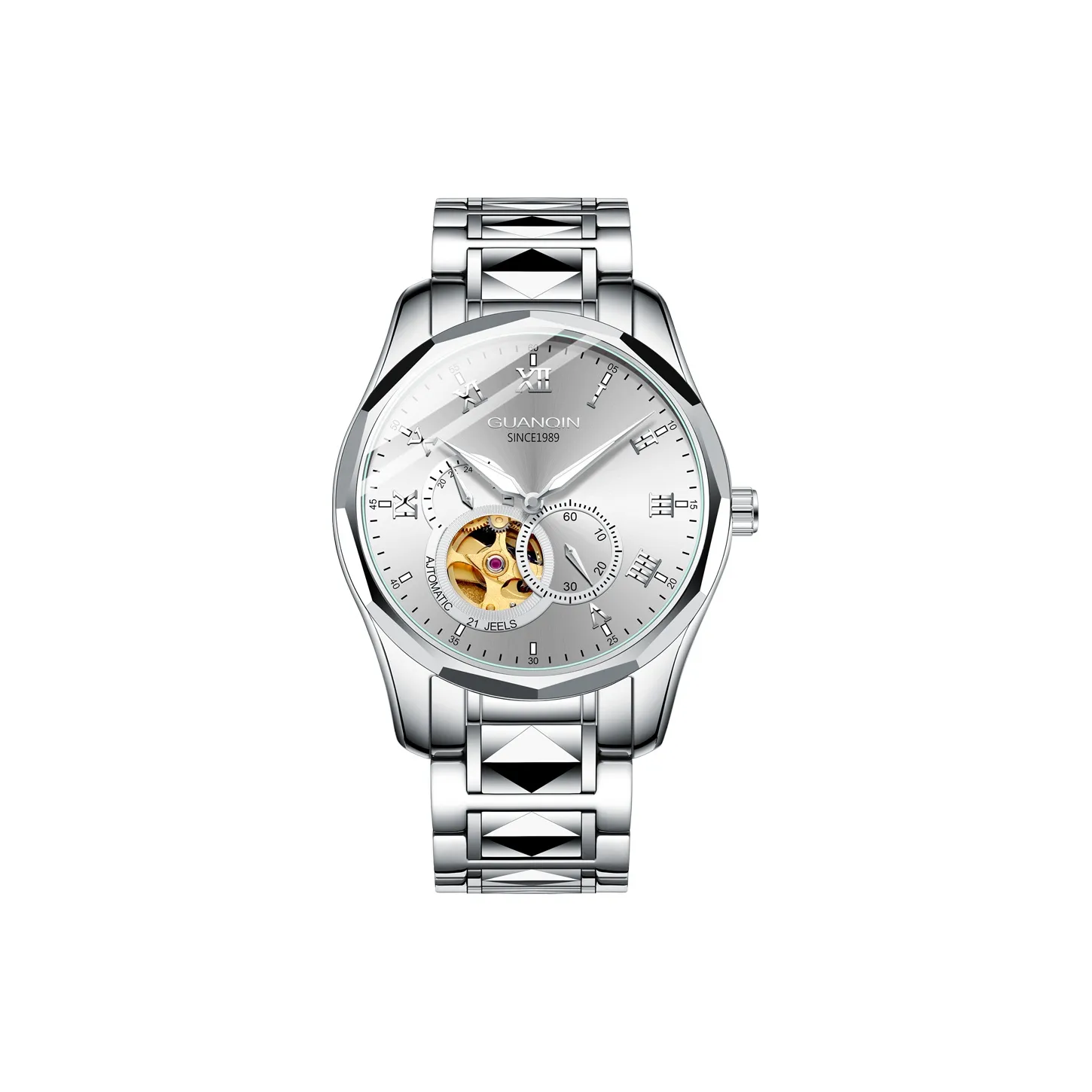 GUANQIN GJ16128 Механический механизм ремешок из вольфрамовой стали мужские часы серебристый циферблат