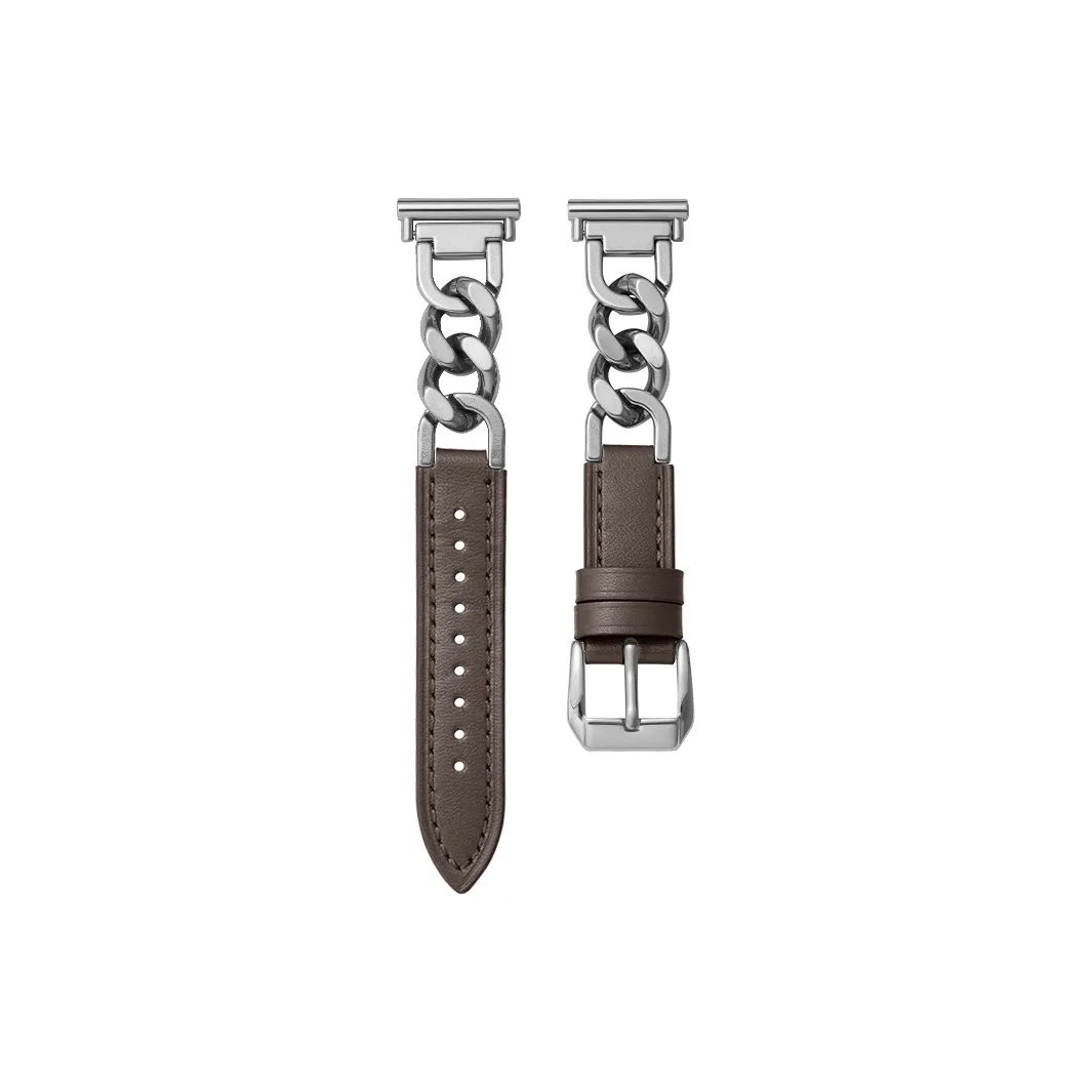 FZRT Strap Huawei Compatibility Metal Niche Design, Single Wrap Metal Chain Patchwork Leather Strap