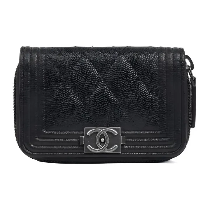 CHANEL Litchi Grain Calfskin Coin Purse Wallet Men's Ru Black