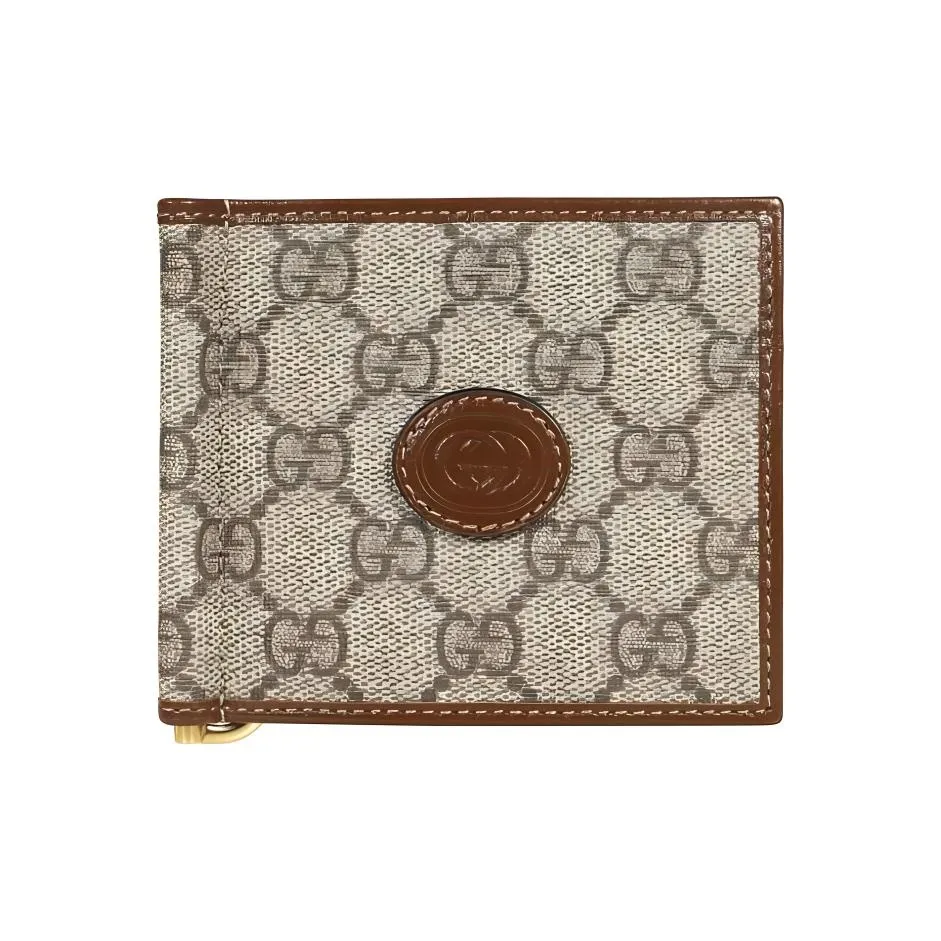 GUCCI Canvas With Leather Card Clip Wallet Men's Brown & Ebony