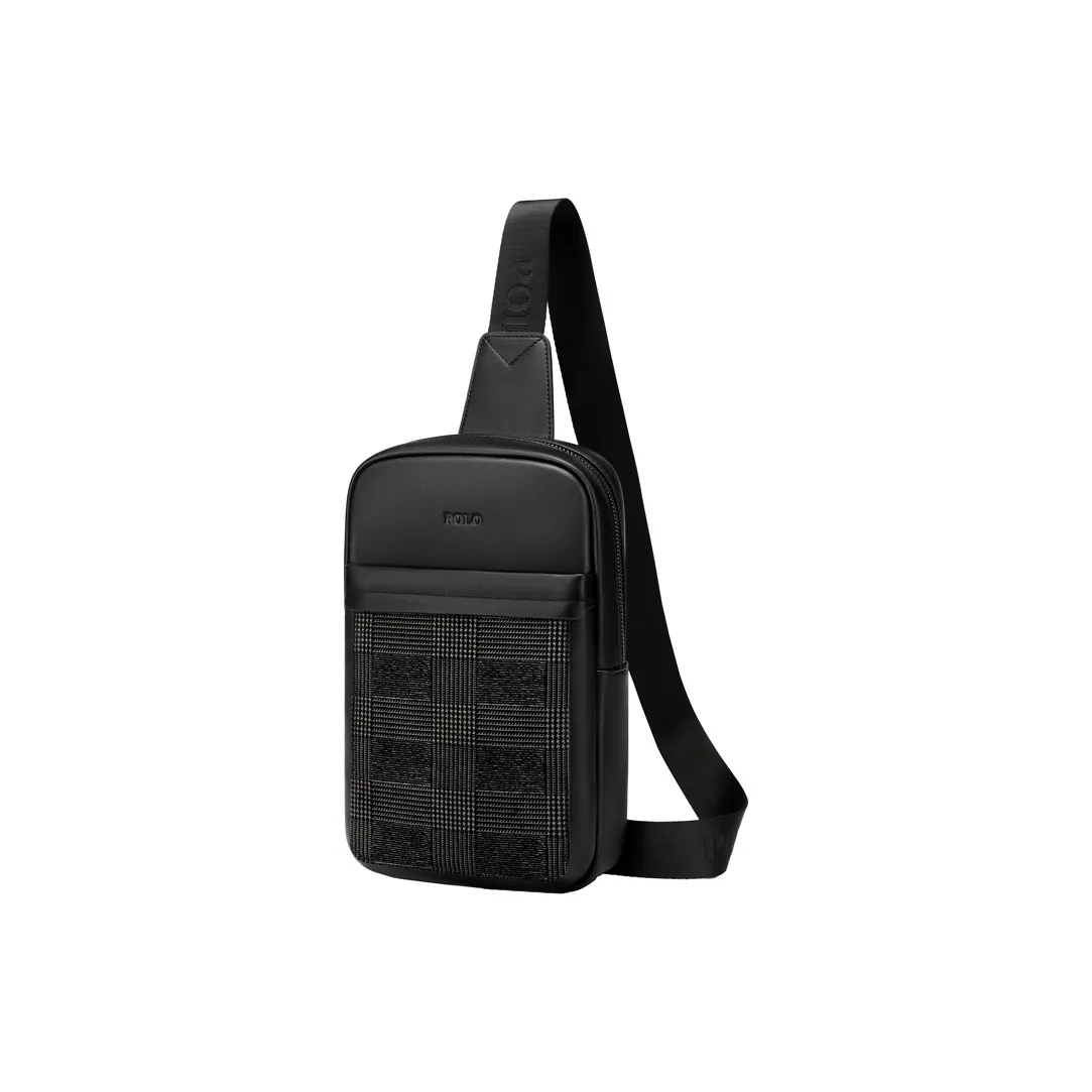 POLO Cow Leather Sling Bag Medium Size Men's Black & Gray Glen Plaid