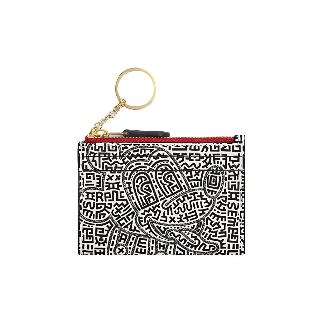 COACH Disney X Keith Haring Collaboration Skinny Wallet Pebbled Leather Card Holder Unisex Black/White