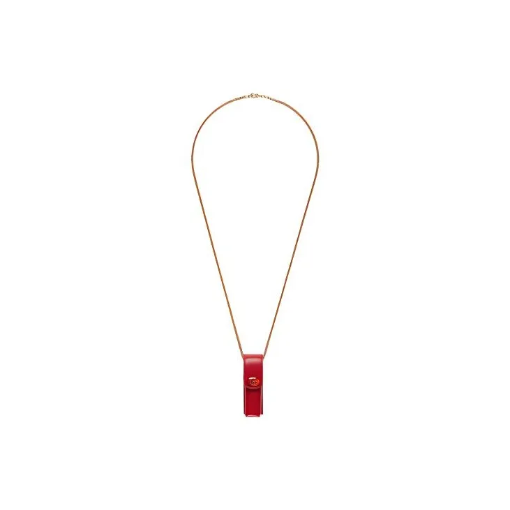 GUCCI Leather Lipstick Case Shoulder Bag Necklace Pouch Women's Red