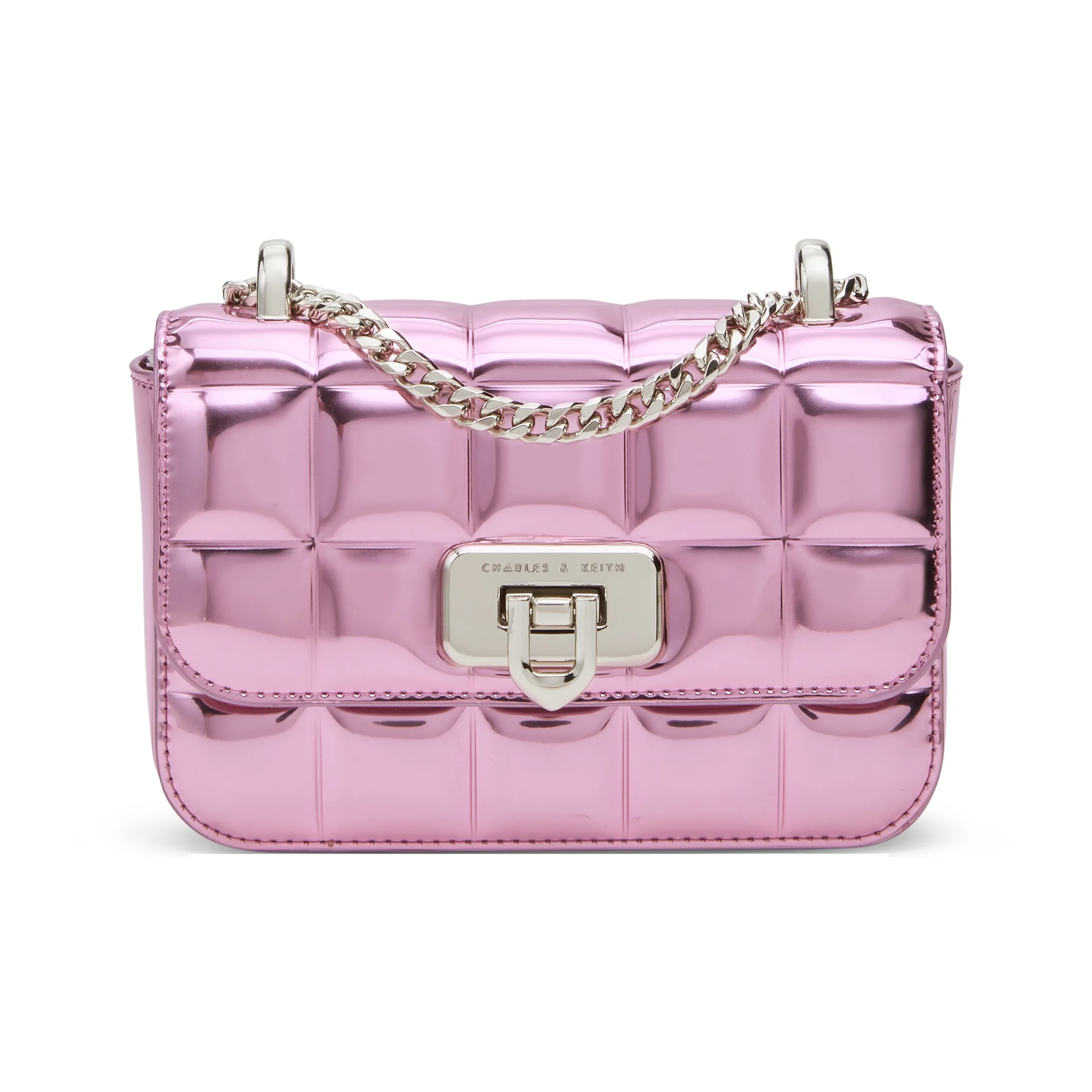 CHARLES&KEITH Synthetic Leather Shoulder Bag Crossbody Bag Small Size Women's Noir Black/Pink/Silver