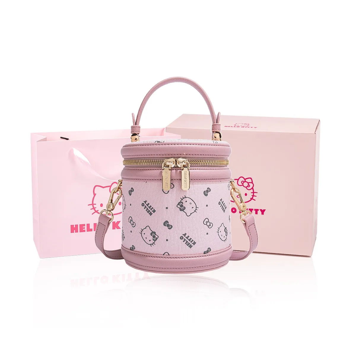 MESUCA Санрио Hello Kitty Series ПУ (полиуретан) Сумка через плечо Сумка Сумка-ведро Цилиндрическая сумка Женская Белая Коричневая Черная