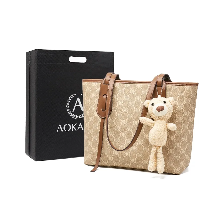 AOKANG Сумка Tote из ПВХ одно плечо большая женская кофейно-коричневый кремовый абрикос