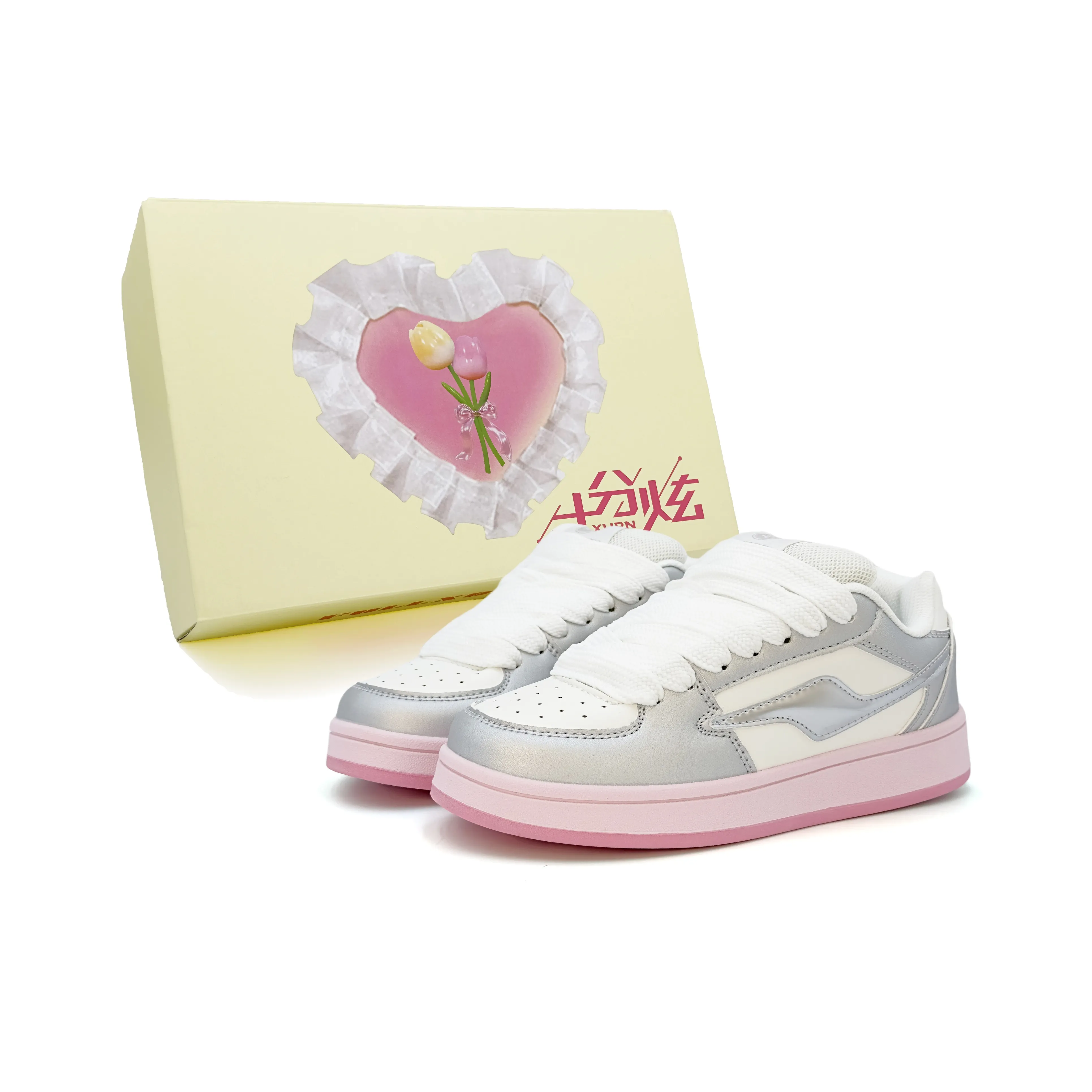 FULLXUAN Shock Absorbers Slip Resistant Abrasion Resistant Low Top Skateboard Shoes Women's Silver Pink Box Included