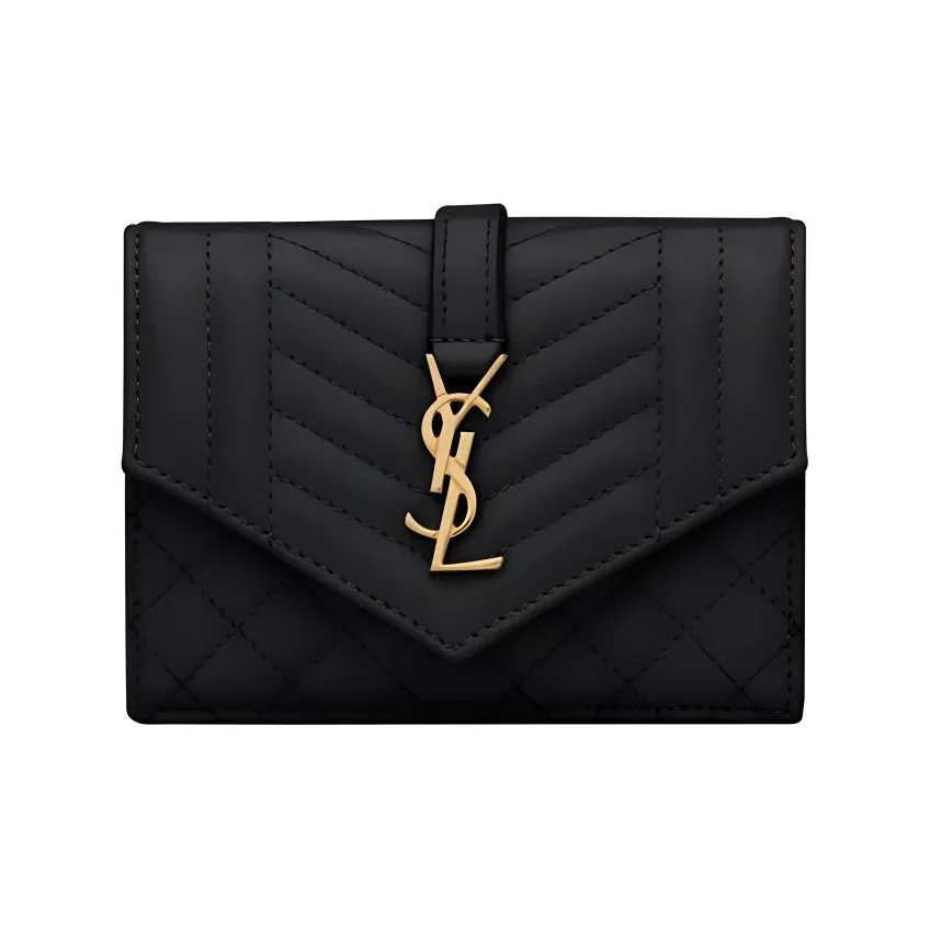 SAINT LAURENT Monogram Cow Leather Patchwork With Sheepskin Wallets Card Holders Women's Black