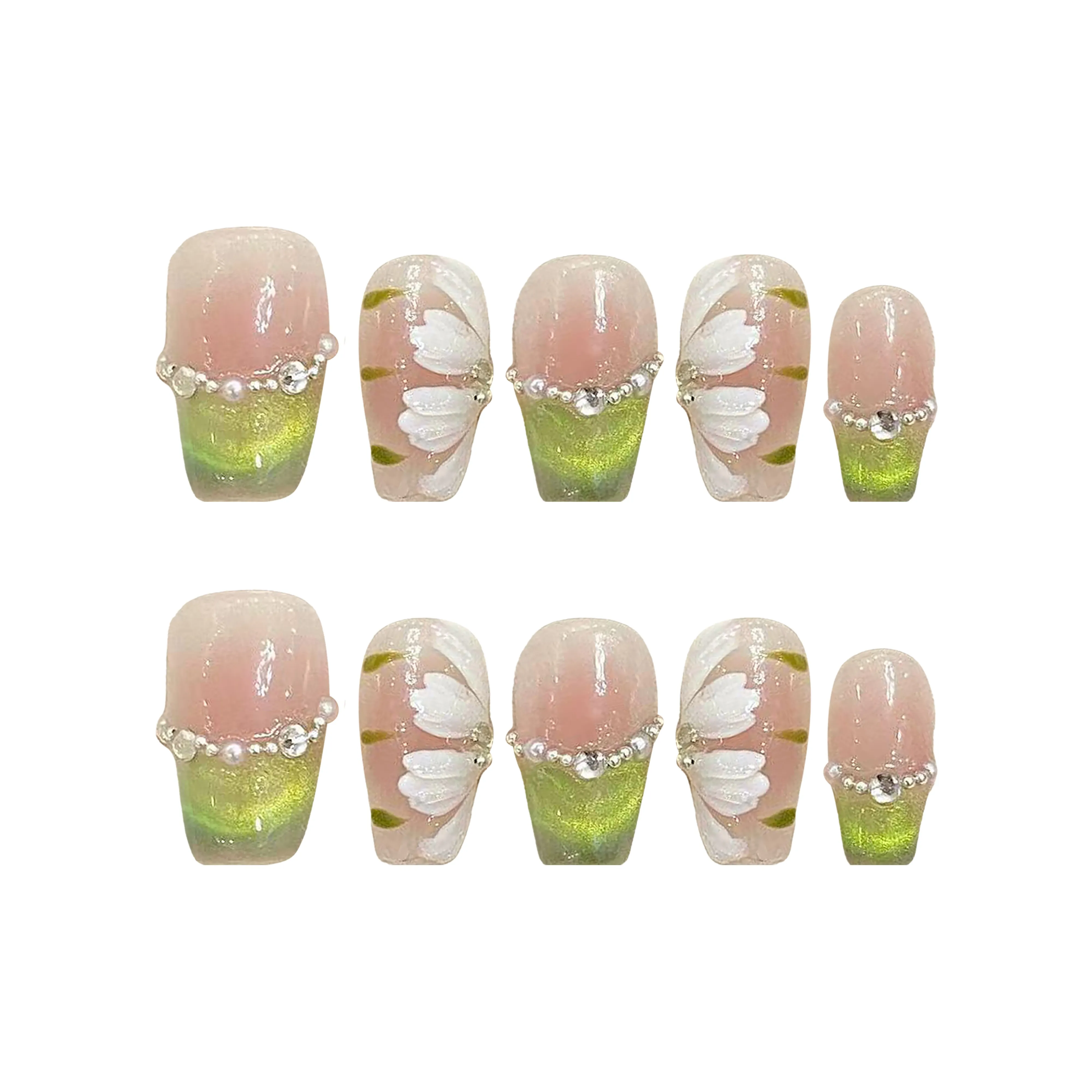 Yun Yue Joe Зеленый Улыбка Кошачий глаз Волшебник страны Оз Розовый Румяна Градиентный Мелкие блестки False Nail Короткий LADDER 20mm