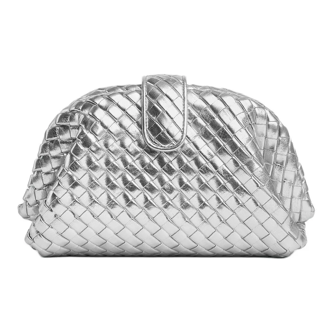 Bottega Veneta Mirror Finish Leather Clutch Trumpets Women's Silver