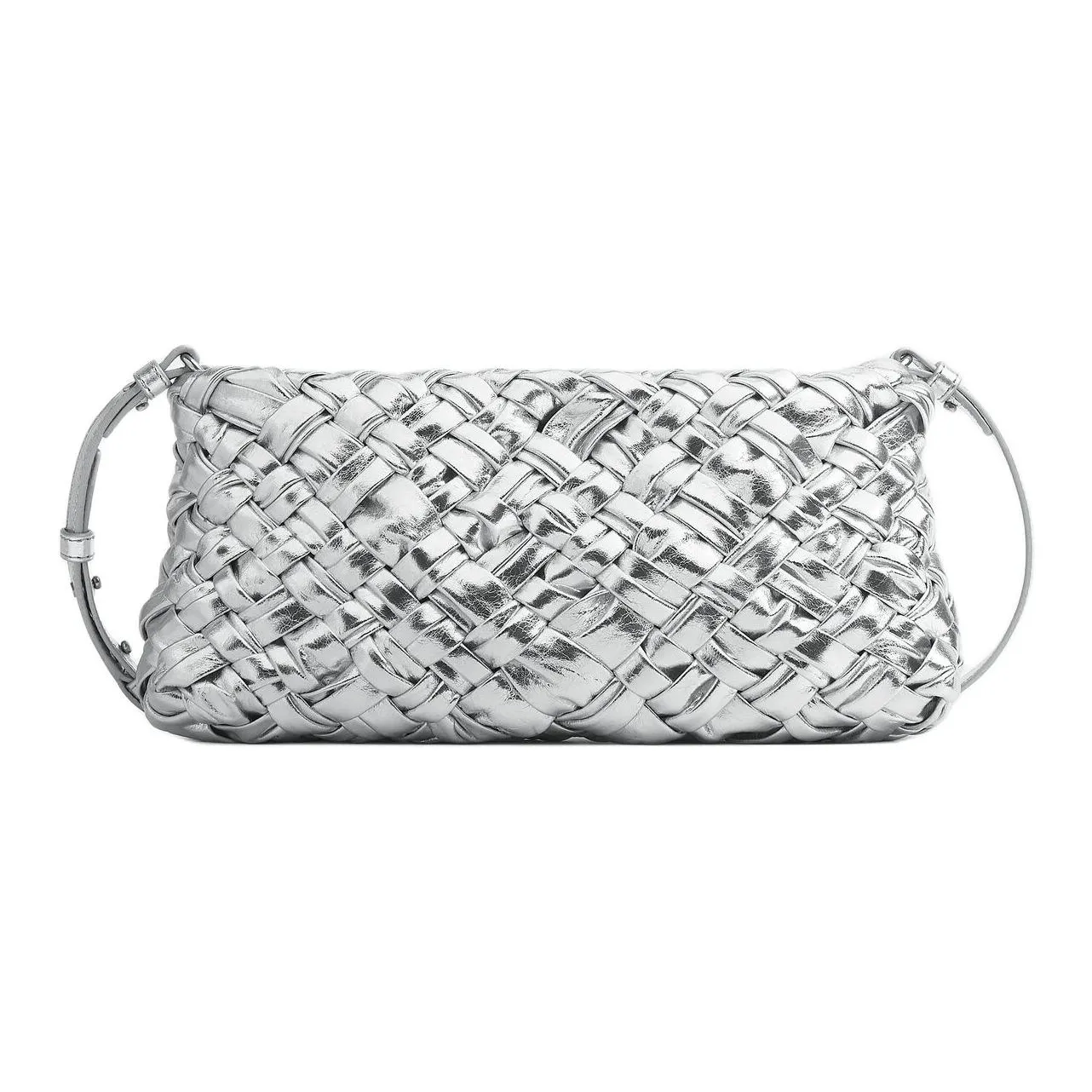 Bottega Veneta Sheepskin One Shoulder Crossbody Clutches Women's Silver