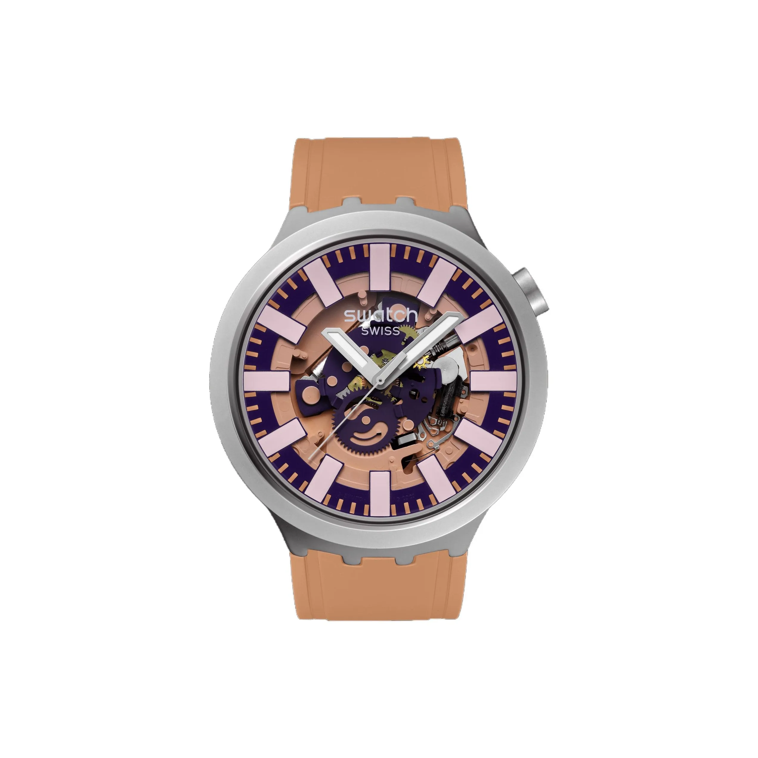 Swatch Essentials Collection Кварцевый механизм Унисекс Часы 47 мм Розовый циферблат Корпус из нержавеющей стали Резиновый ремешок