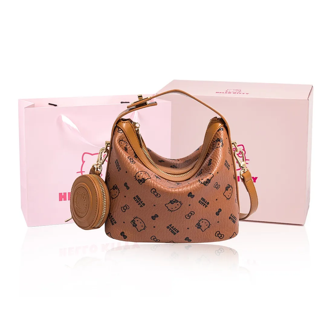 MESUCA Sanrio Hello Kitty Series PU Shoulder Bag, Crossbody Bag, Handbag Women's Brown/Pink/Ecru/Black
