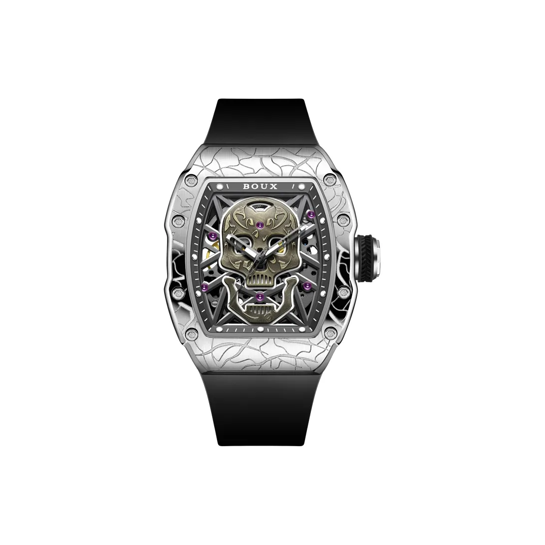 BOUX Totem Collection Автоматический механический механизм Силиконовый ремешок Часы Мужские часы Черепный циферблат