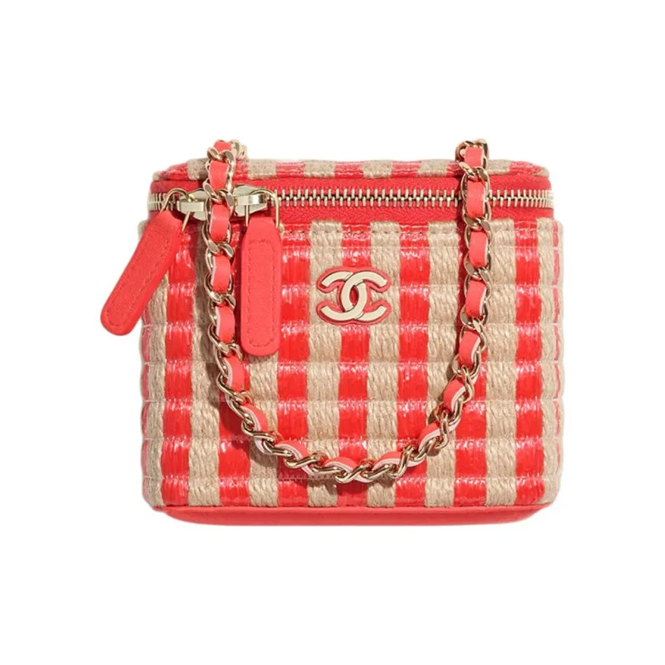 CHANEL Fiber & Yellow Jute Thread & Metal Box Bag Clutch Trumpets Women's Red & Beige