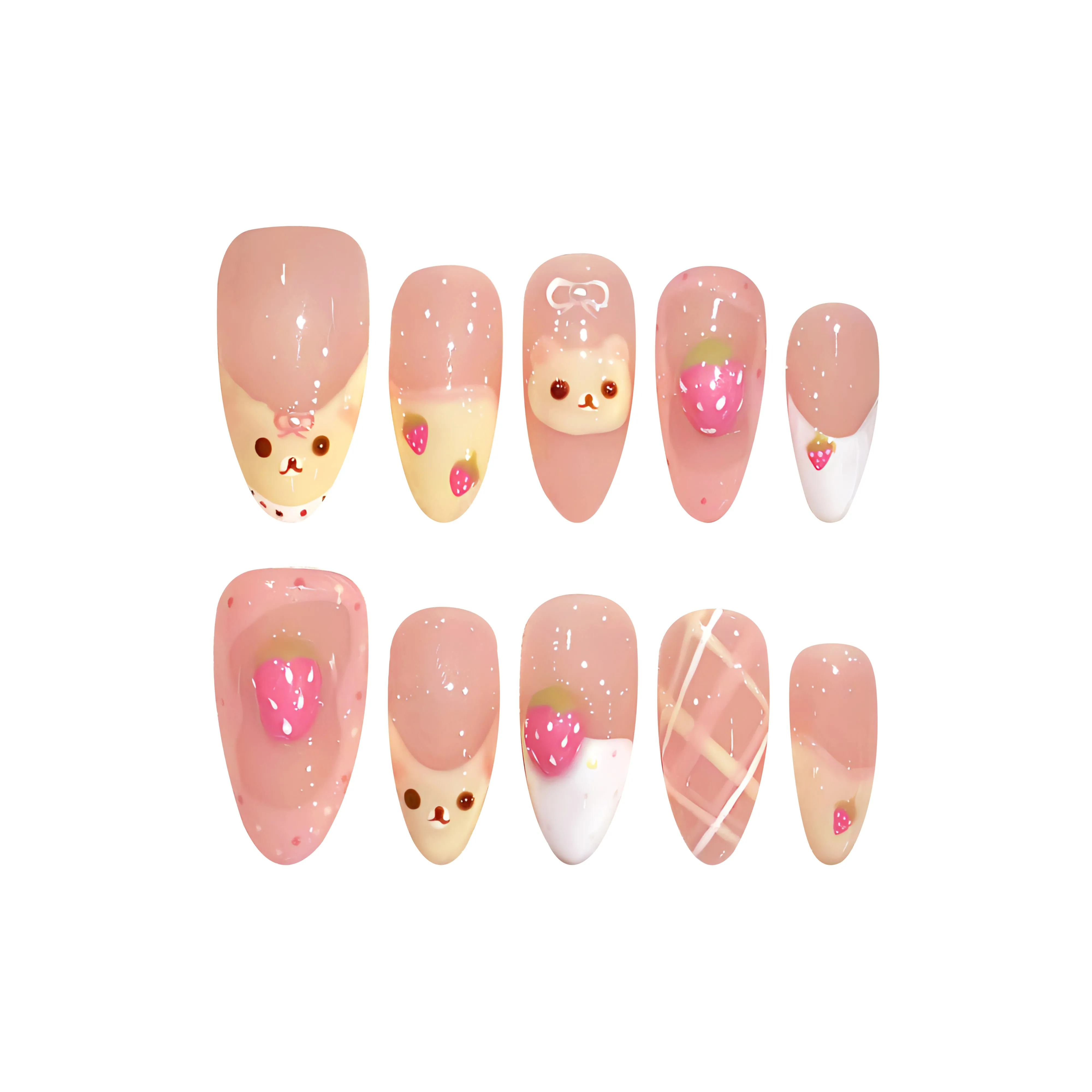 Yun Yue Joe Soft Brightening Медвежонок Клубнично-розовый Клетчатый Cartoon Cute False Nail Овал 20 мм