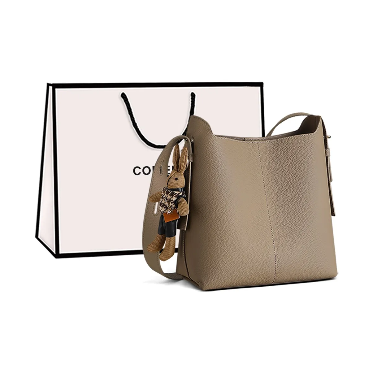 COMELY Cow Leather With Synthetic Leather Bucket Bag, Underarm Bag, Shoulder Bag Regular Women's Khaki