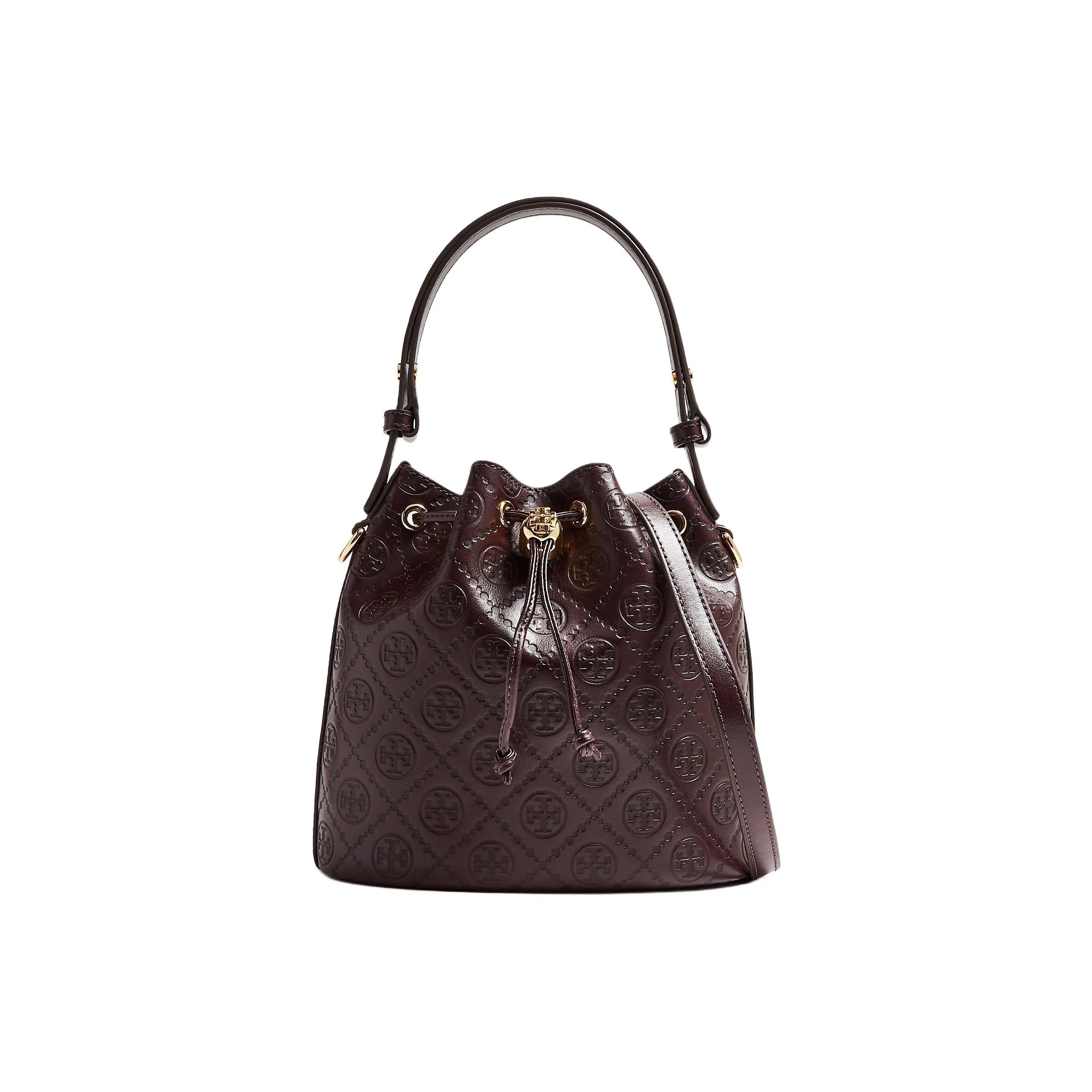 TORY BURCH T Monogram Leather Bucket Bag, Shoulder Bag, Crossbody Bag, Handbag Women's Dark Burgundy