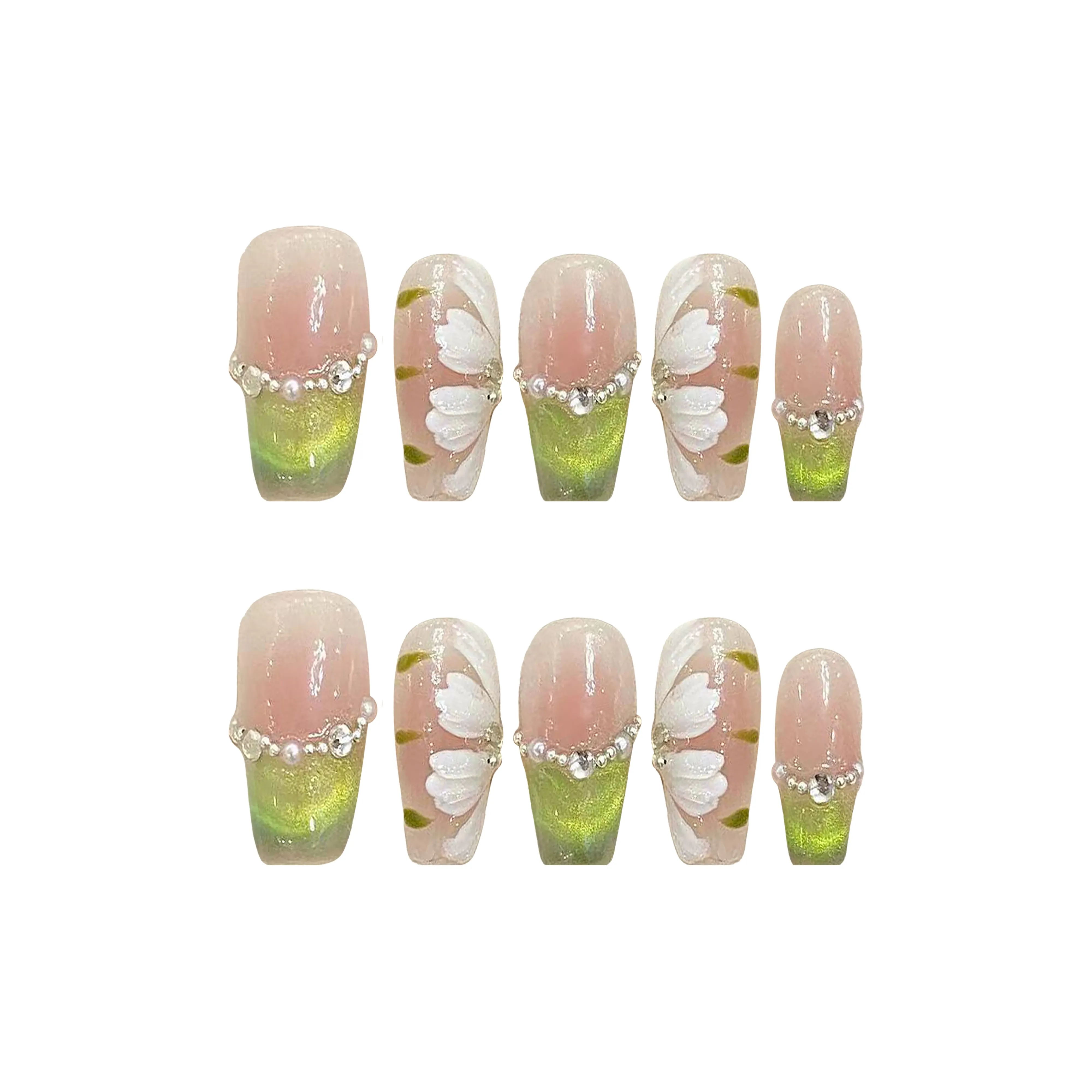 Song Biography Ледяно-зеленый Кошачий глаз Камелия Осветляющий Кошачий глаз Ручной рисунок Цветочный False Nail Средний ЛАДДЕР 25 мм