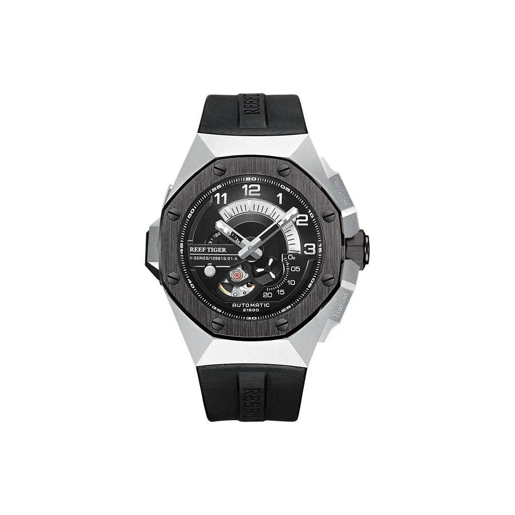REEF TIGER Business Casual Sports Watch Автоматический механический механизм Резиновый ремешок Часы Мужские Черный циферблат