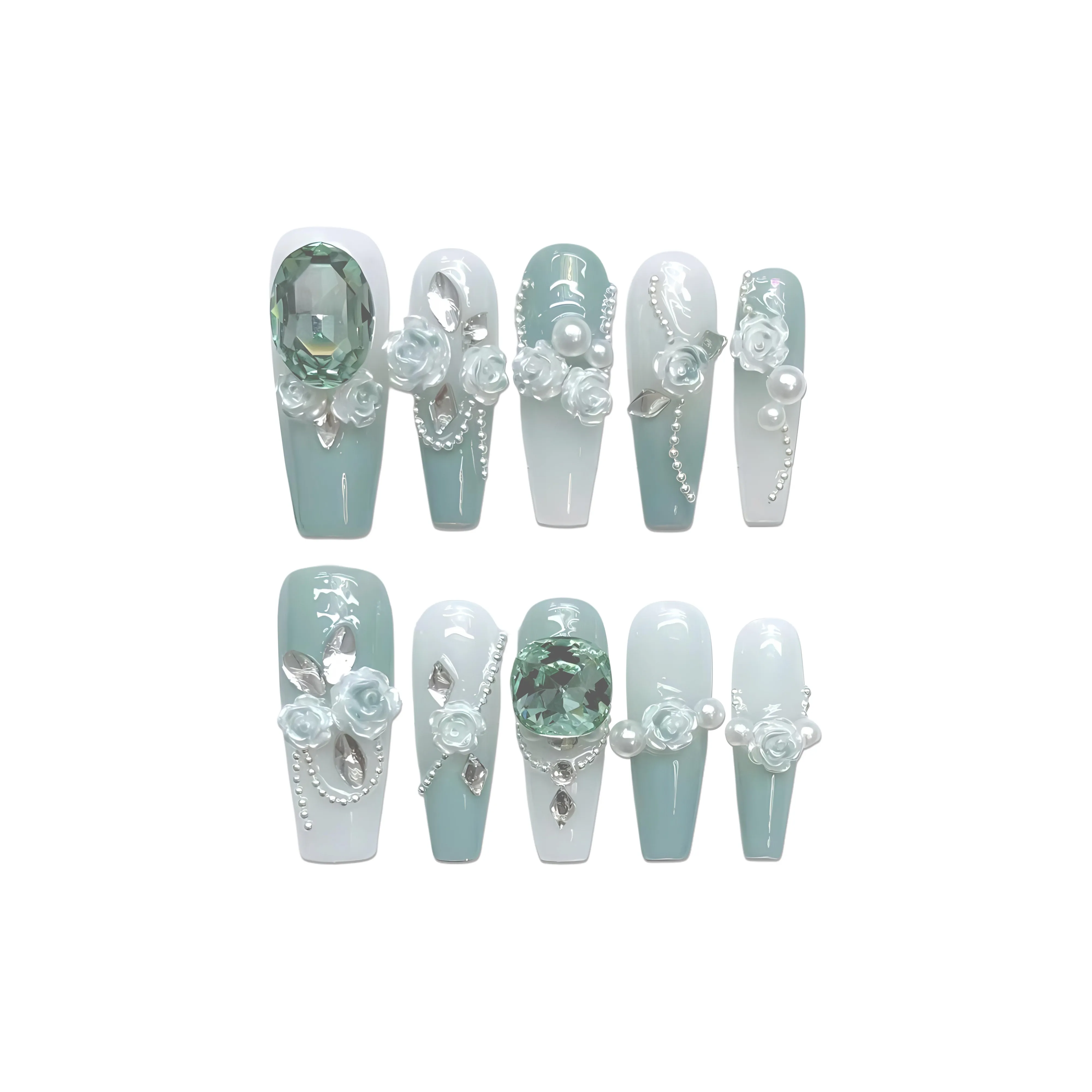 YUNYUEQIAO 3D-эффект Камелия Осветляющий Сверкающий страз Нежно-голубой Зеленый Китайский стиль Элегантный False Nail