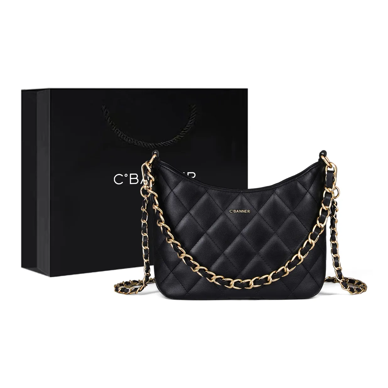 C°BANNER Top Grain Cow Leather One Shoulder Crossbody Chain Bucket Bag Regular Women's Black