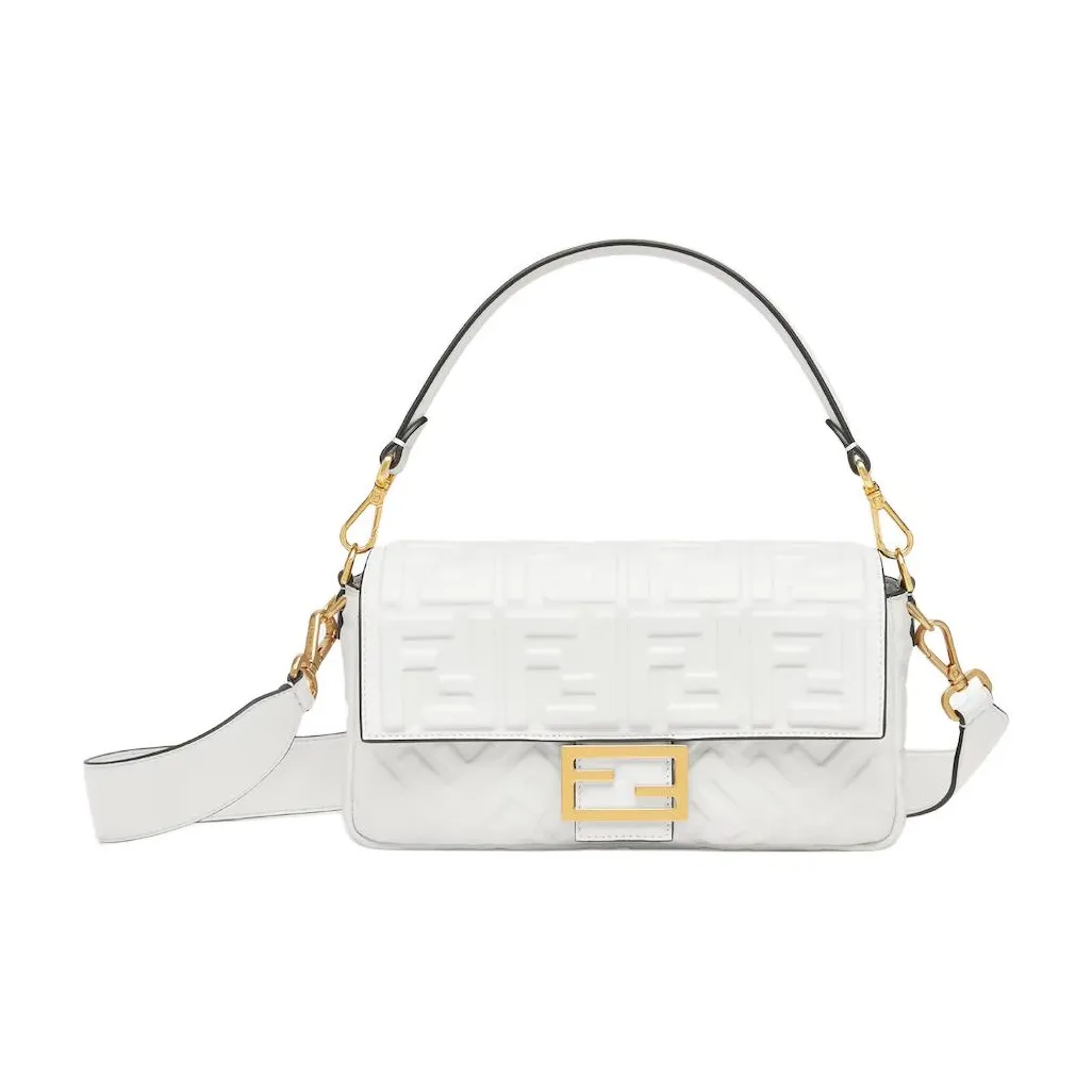 FENDI Baguette Calfskin Shoulder Bag, Crossbody Bag, Handbag Medium Size Women's White