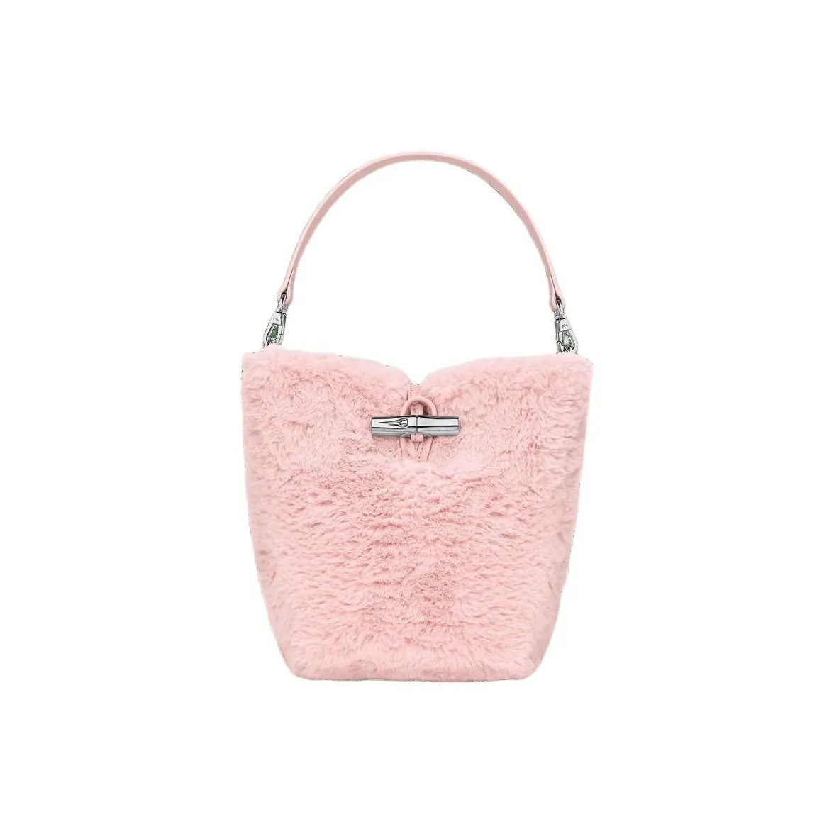 LONGCHAMP Le Roseau Faux Fur Bucket Bags One Shoulder Handbags Mini Women's Ballet Pink