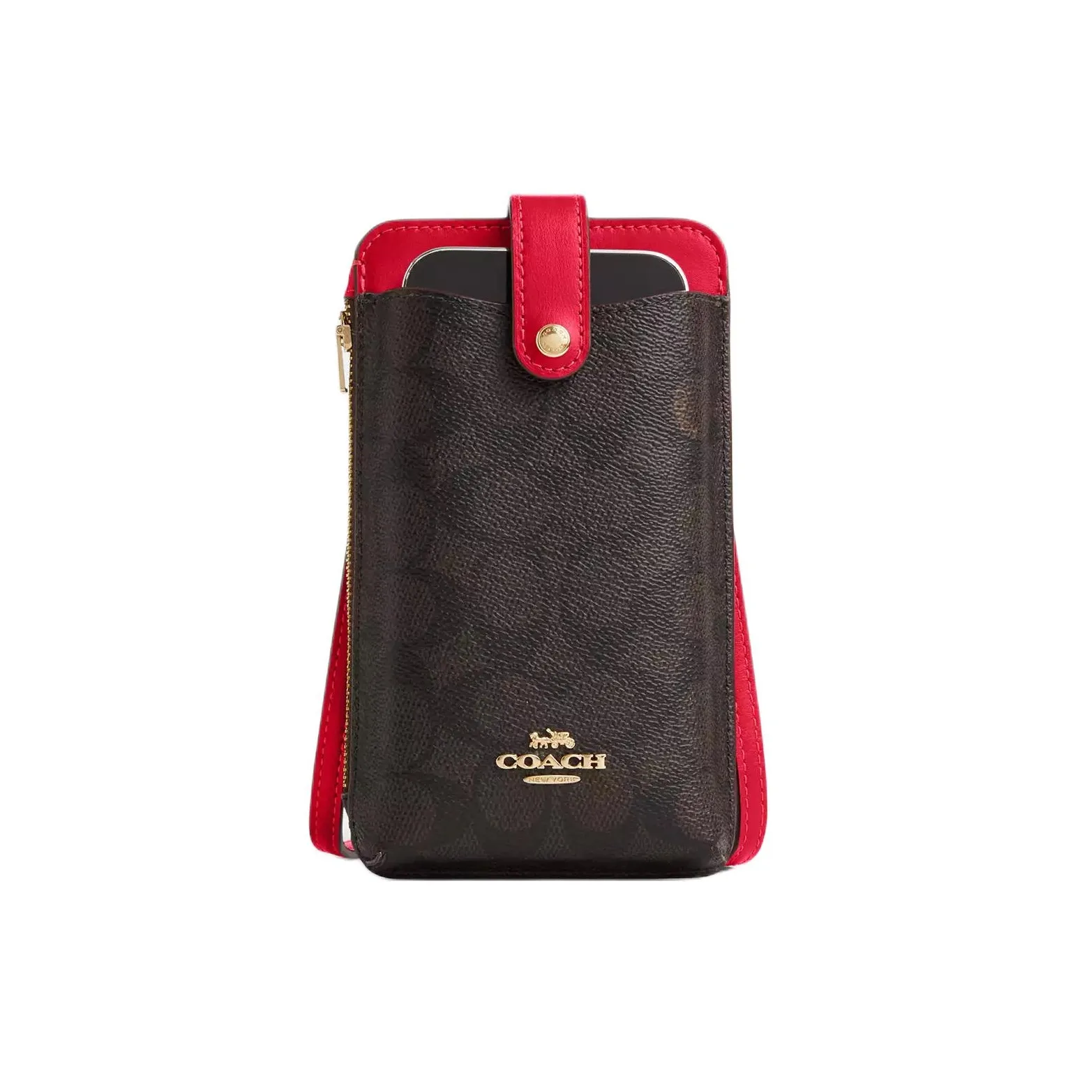 COACH Coated Canvas One Shoulder Crossbody Cell Phone Pouch Mini Women's Walnut Wood & Bold Red