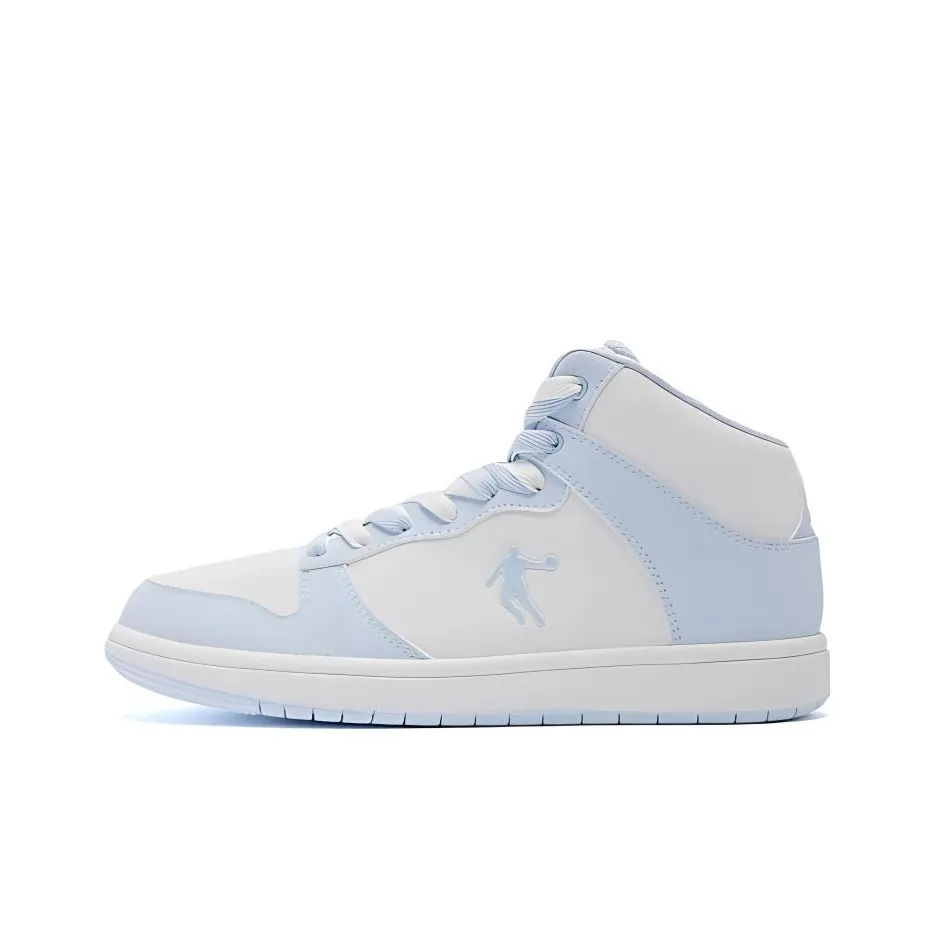QIAODAN High Top Skateboard Shoes Women's White Blue Two Tone Shoelace