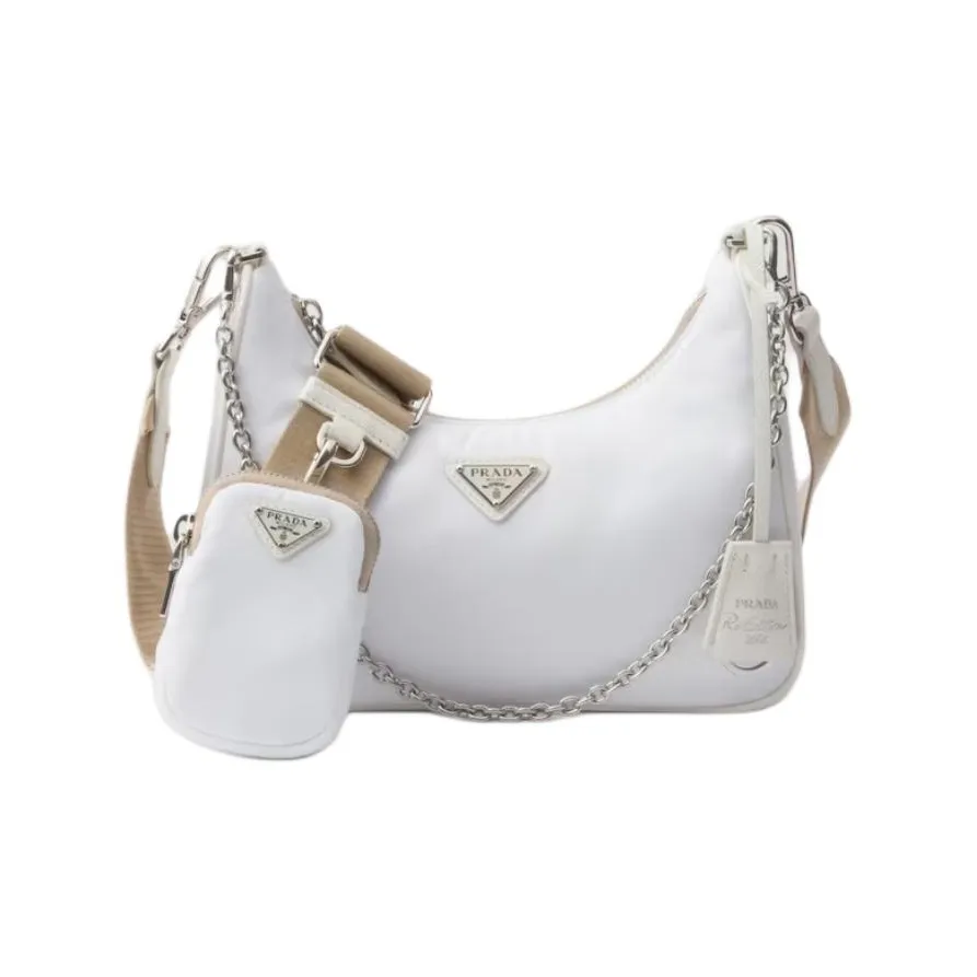 PRADA Re Edition Recycled Nylon Hobo Bag, Crossbody Handbag, Shoulder Bag Women's White