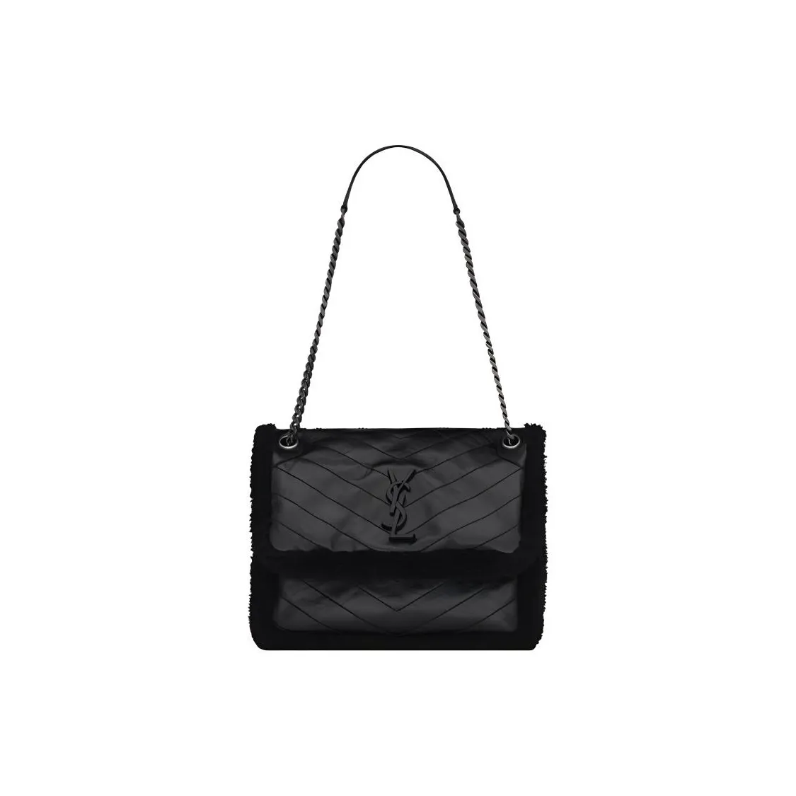 SAINT LAURENT Sheepskin Cow Leather Hobo Bag, Shoulder Bag, Crossbody Bag Medium Size Women's Black