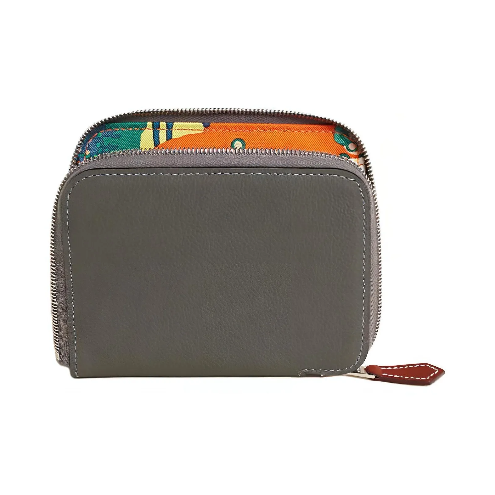 HERMES Silk'In Evercolor & Barenia Calfskin Coin Purse Women's Meyer Gray & Orange & Gull Gray