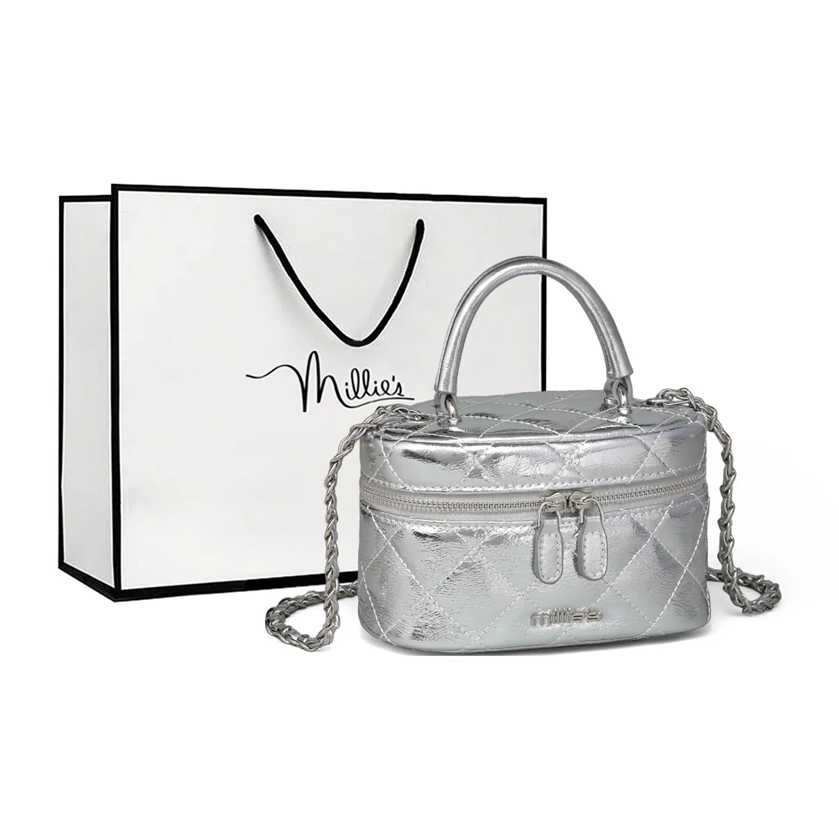 MILLIE'S Cow Leather Underarm Box Bag, Handbag, Shoulder Bag, Crossbody Bag Regular Women's Silver