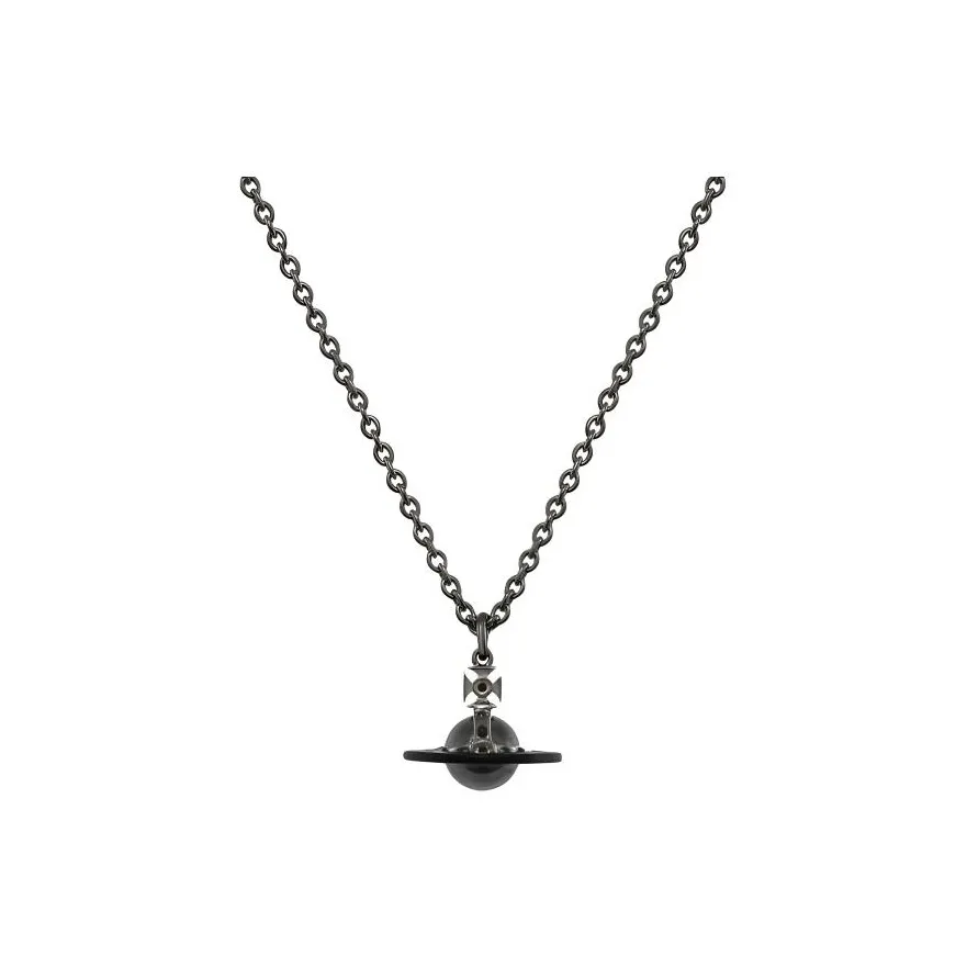 Vivienne Westwood Ruthenium, Enamel, Zircon, Diamond Saturn Globe Black Ceramic Enamel Track Necklace Unisex Black