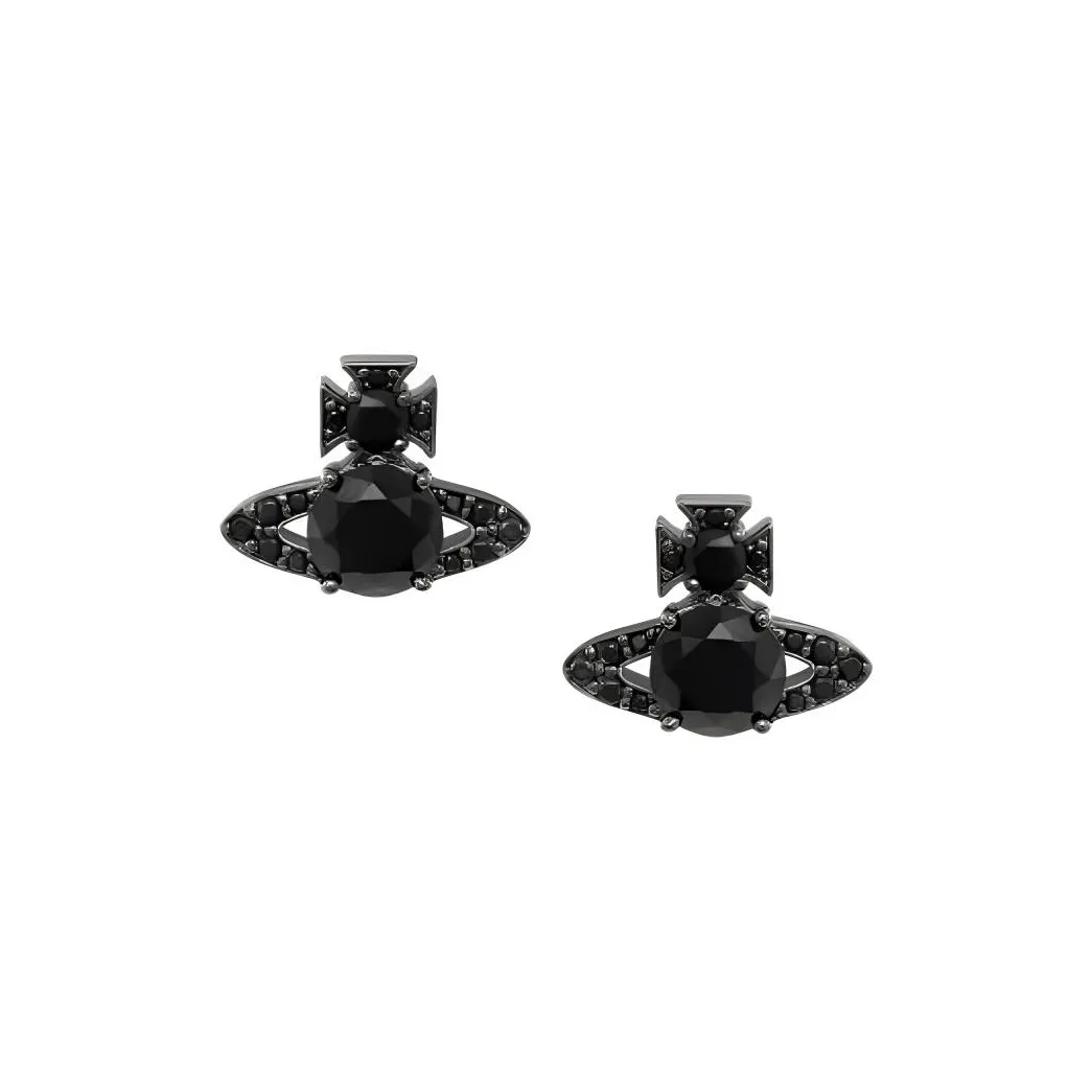 Vivienne Westwood Brass Saturn Styling Black Ceylon Diamond Stud Earrings Unisex Black