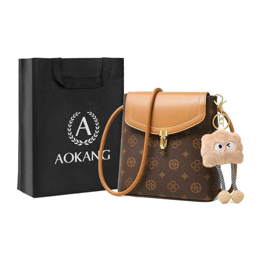 AOKANG Сумка-ведро из ПВХ Сумка через плечо Монограмма Сумка Маленькая Женская Кофейного Экрю цвета